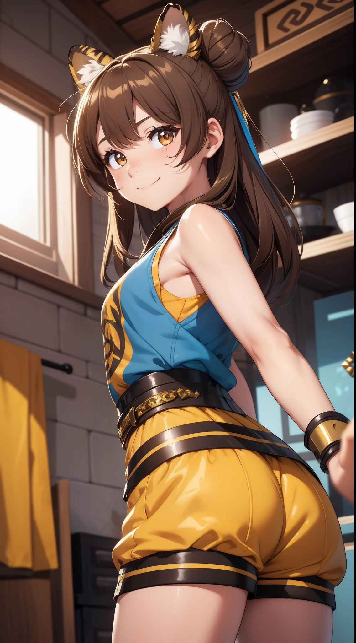 young girl, brown hair, Two buns, golden eyes, Tiger ears, Chinese yellow and blue dress, Shorts, Ironbound Bracers, Winks, Smile, Masterpiece, hiquality