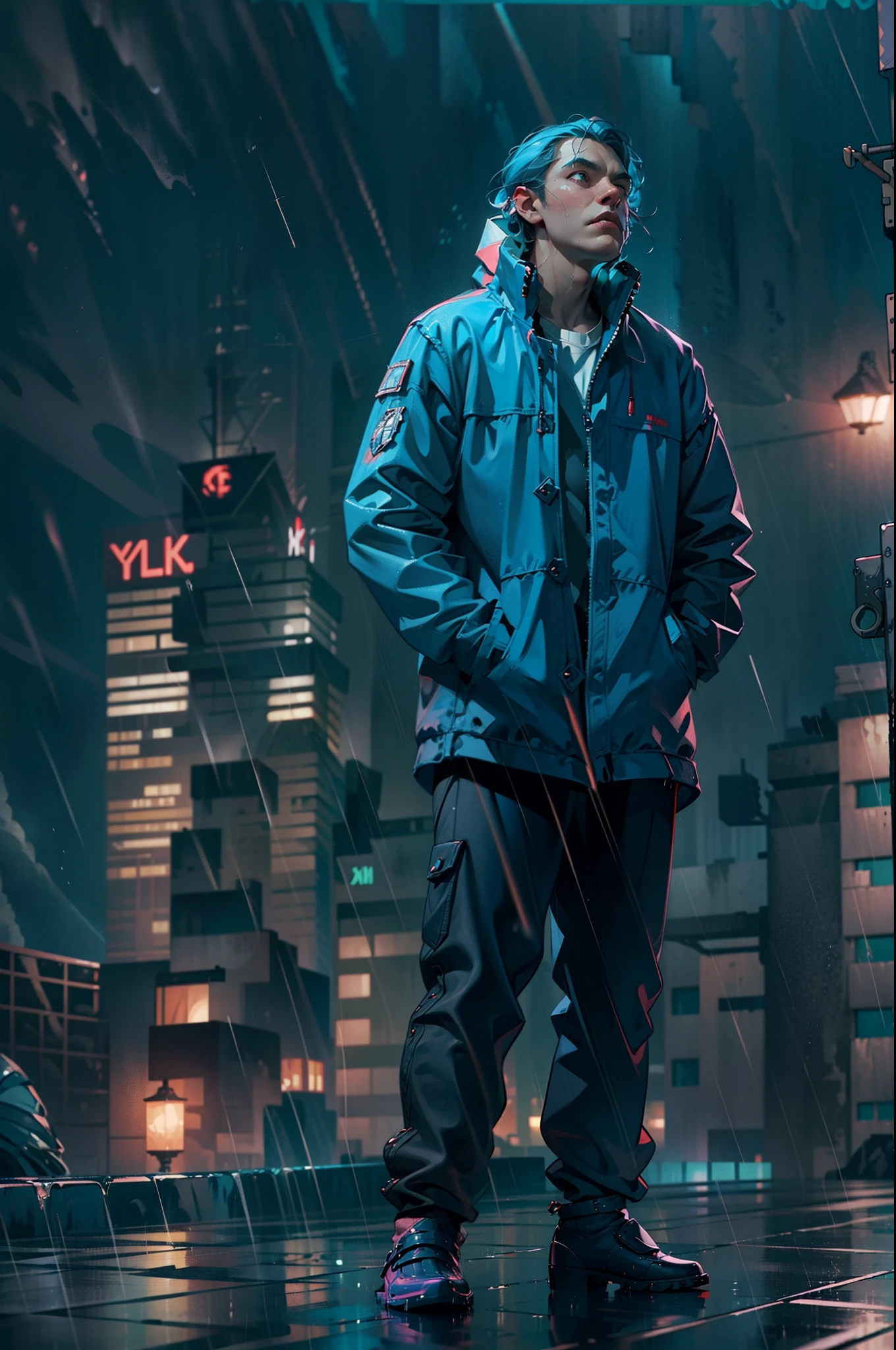A sad man standing on the skycraper building with their loneliness, anger on the face, soaked wet building, rainy night, detailed portrait, wet in the rain, thunder lighting in the sky, dynamic pose, model pose, realistic face, detailed blue hairs, ray tracing with 8K UHD resolution.