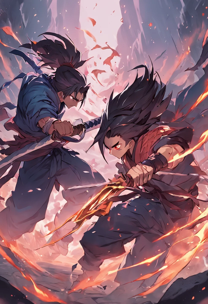 Anime characters are jumping in the air with fire in front of them, badass anime 8 k, anime epic artwork, Dobra de fogo, 4 k manga wallpaper, 2. 5 d cgi anime fantasia arte, inspired by Baiōken Eishun, Luta de anime, epic 8 k hd anime shot, estilo anime 4K, arte oficial altamente detalhada, ninja scroll estilo anime