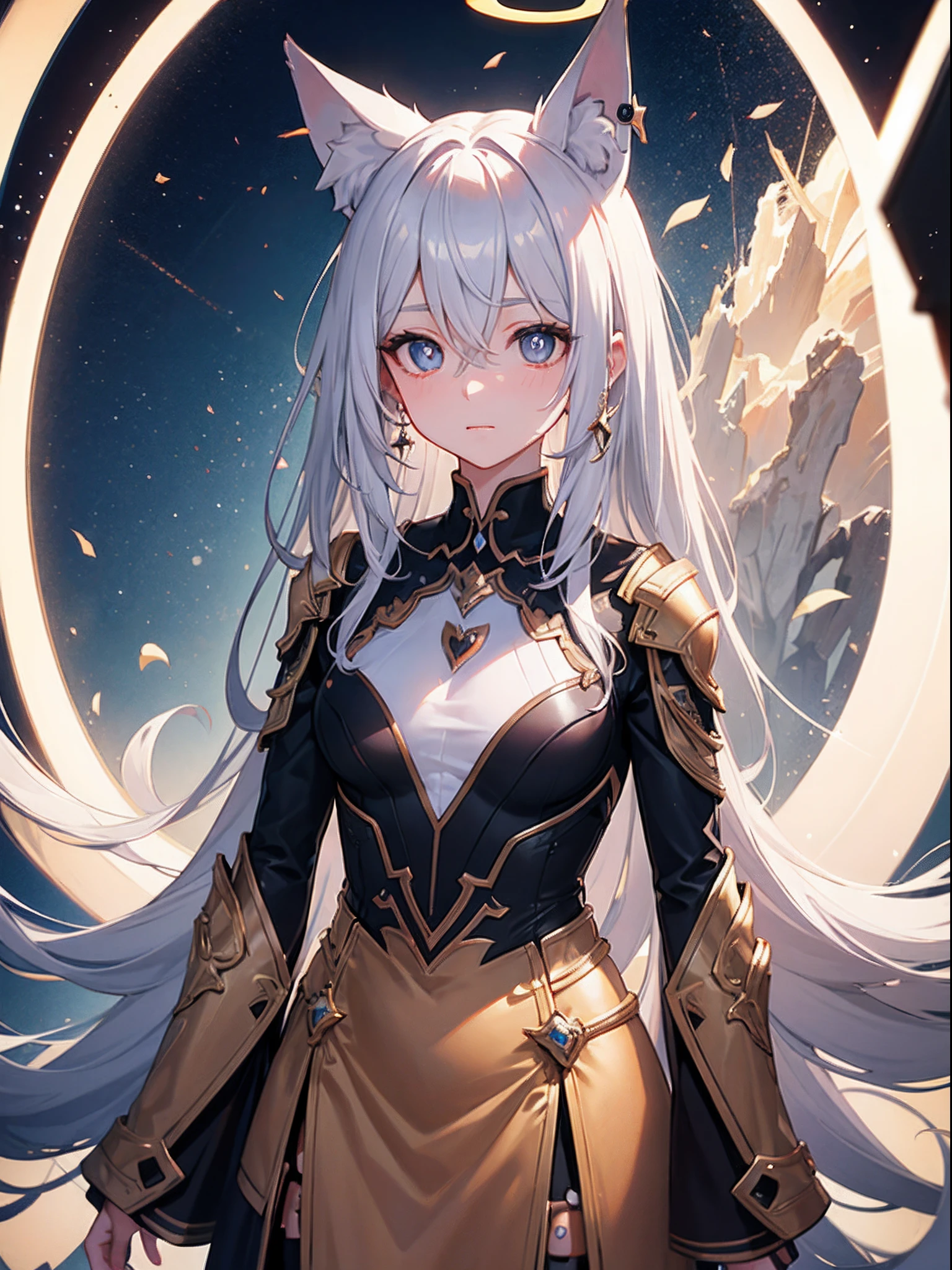 gradient hair, bangs, crossed bangs, hair between eyes, halo, heart-shaped pupils, fox ears, earrings, embarrassed, Surrealism, vanishing point, cowboy shot, ray tracing, reflection light, 8k, super detail, UHD, masterpiece, anatomically correct, high details, high quality, best quality, highres