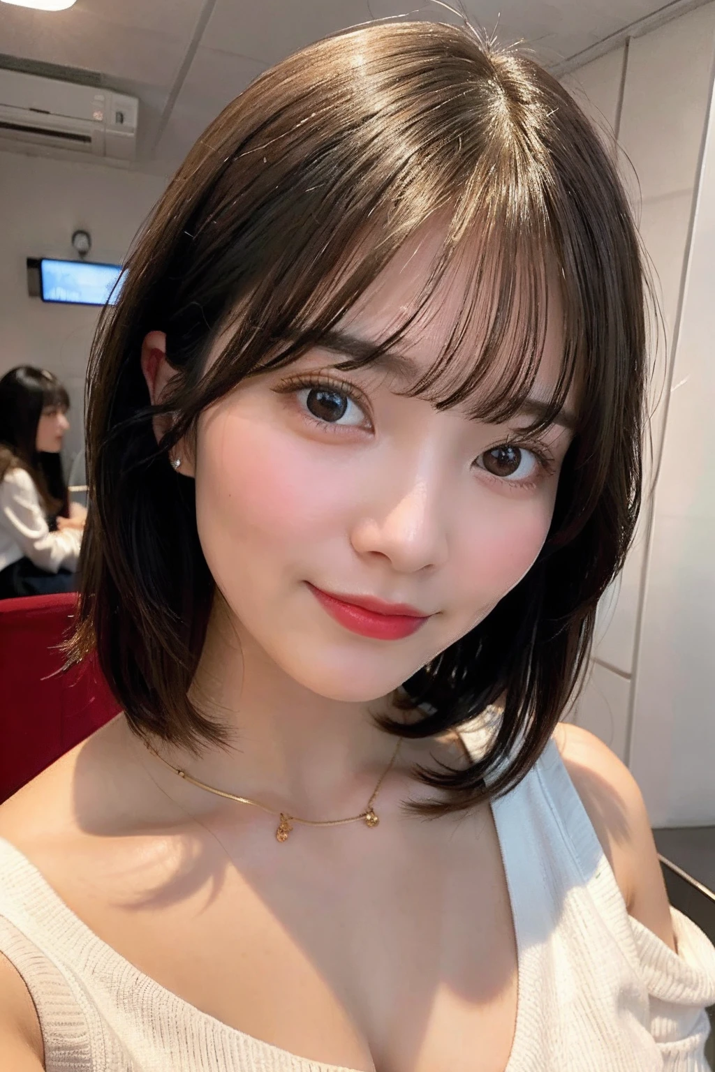 top-quality、Photorealsitic、8K、hight resolution、Perfect litthing、a gorgeous、​masterpiece、realisitic、closeup portrait、
1girl in、piercingeyes、off-the-shoulder sweater、middlebreasts、shorth hair、Look at viewers、kindly smile、in a cafe、in the room、a miniskirt、sun shine