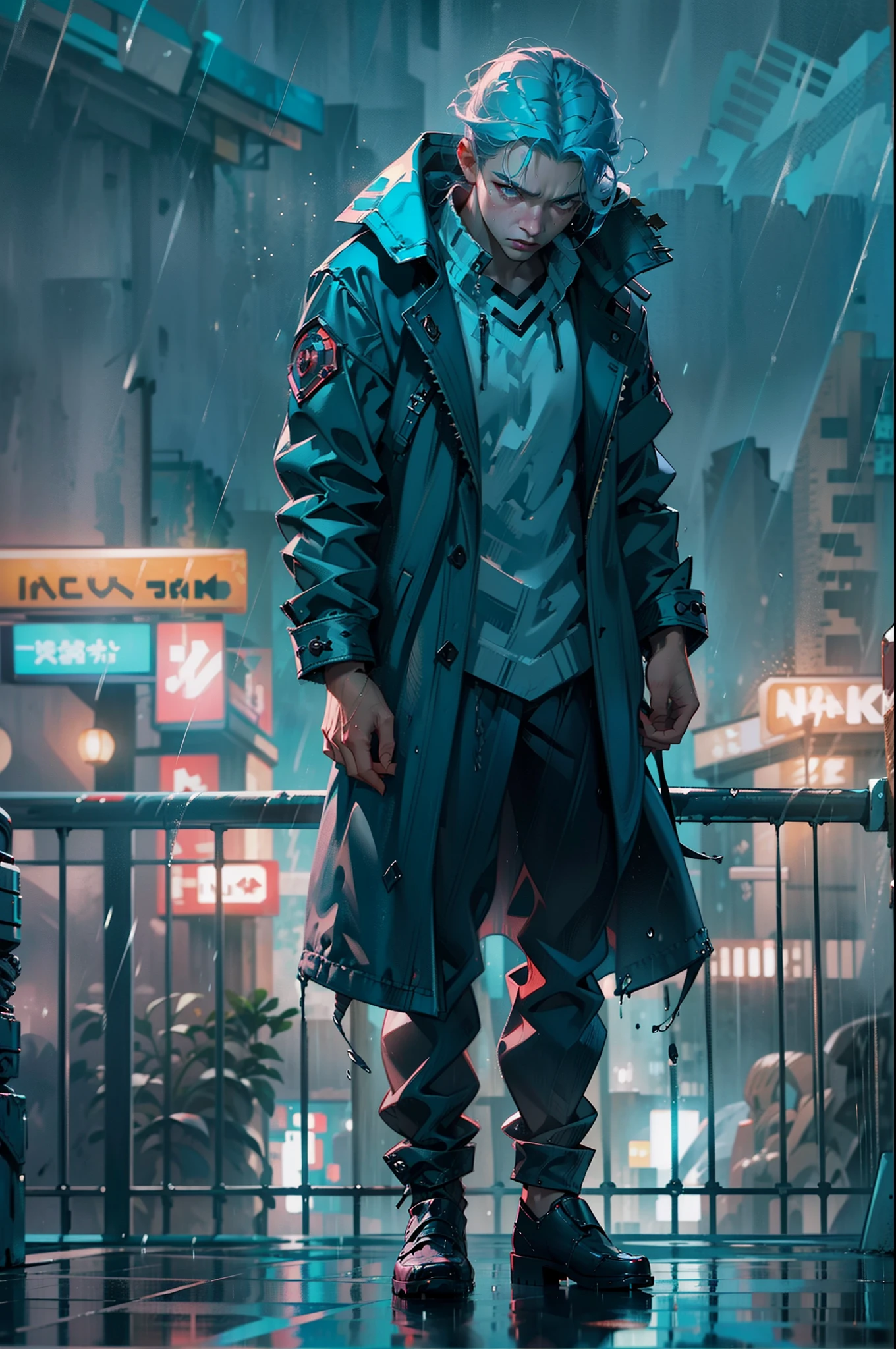 A sad man standing on the skycraper building with their loneliness, anger on the face, soaked wet building, rainy night, detailed portrait, wet in the rain, thunder lighting in the sky, dynamic pose, model pose, realistic face, detailed blue hairs, ray tracing with 8K UHD resolution.