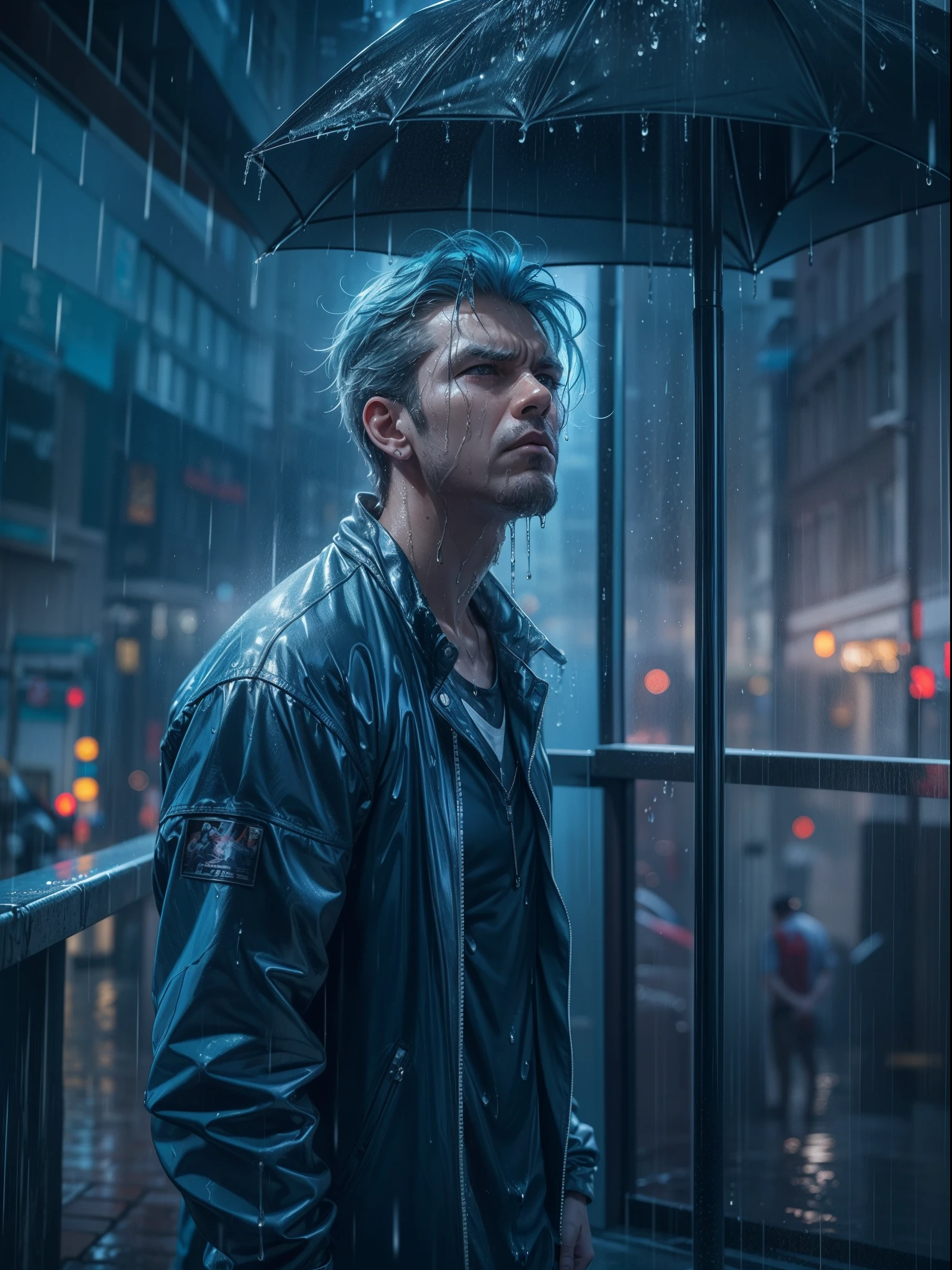 A sad man standing on the skycraper building with their loneliness, anger on the face, soaked wet building, rainy night, detailed portrait, wet in the rain, thunder lighting in the sky, dynamic pose, model pose, realistic face, detailed blue hairs, ray tracing with 8K UHD resolution.