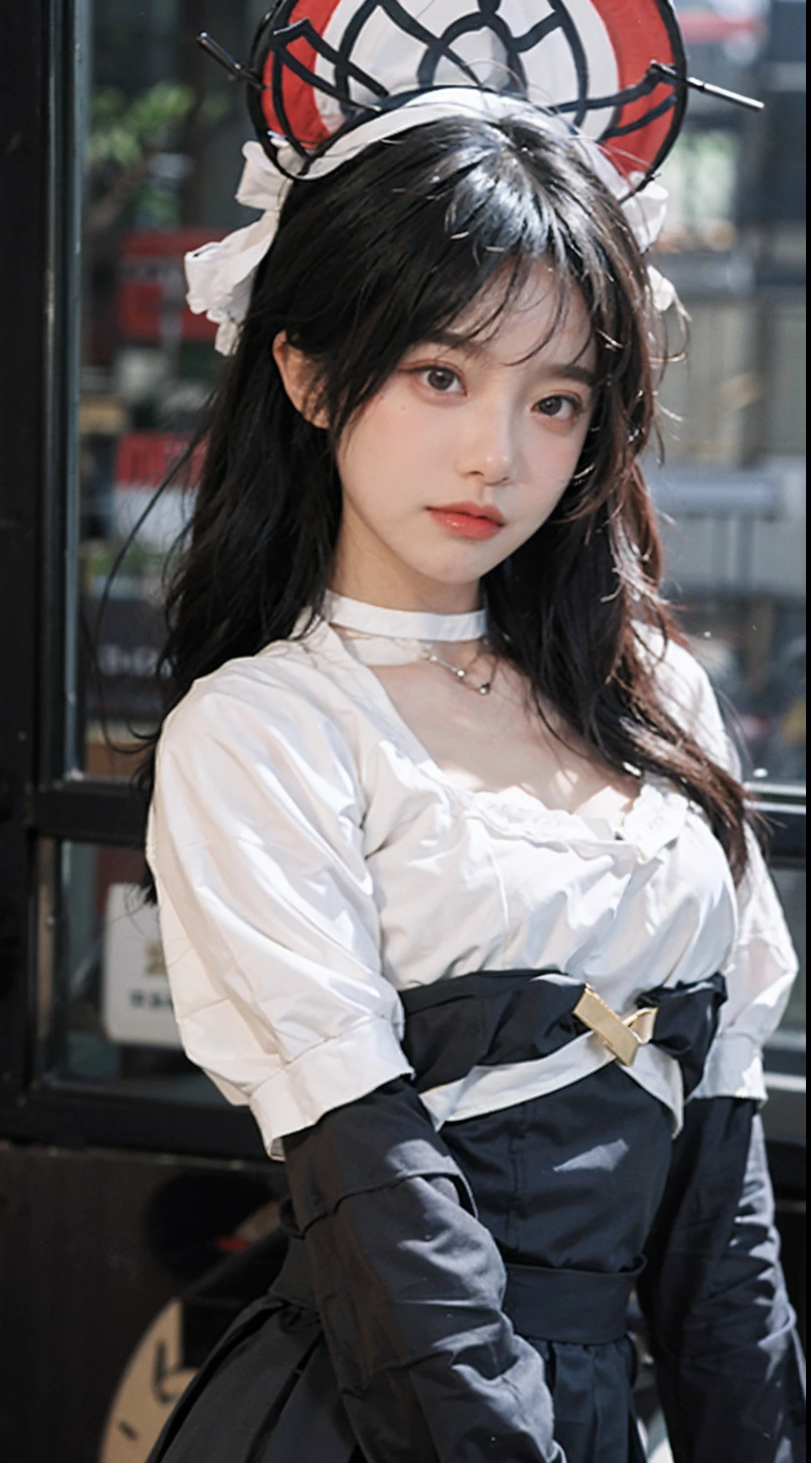 best qualtiy, 超高分辨率, (realisticlying:1.4),Baoyu Girl,1girll, with long coiled hair,Blushlush,Looking into the distance,nedium breasts,ta costume,Loliniform,a sense of atmosphere,Beautiful woman with a slim figure:1.4,Ultra-fine face,Elaborate Eyes,二重まぶた,choker necklace