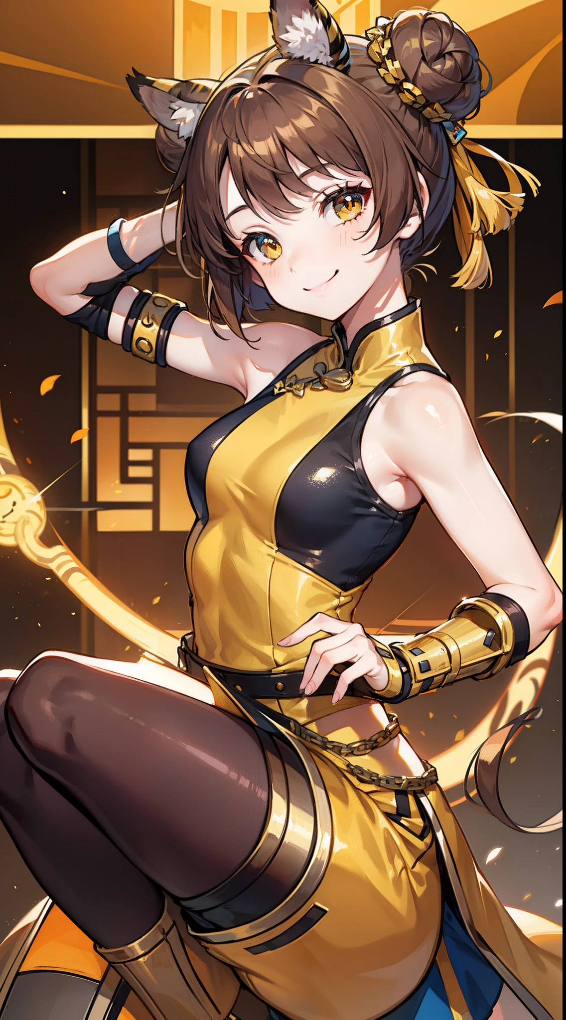 young girl, brown hair, Two buns, golden eyes, Tiger ears, Chinese yellow and blue dress, Shorts, Ironbound Bracers, Winks, Smile, Masterpiece, hiquality