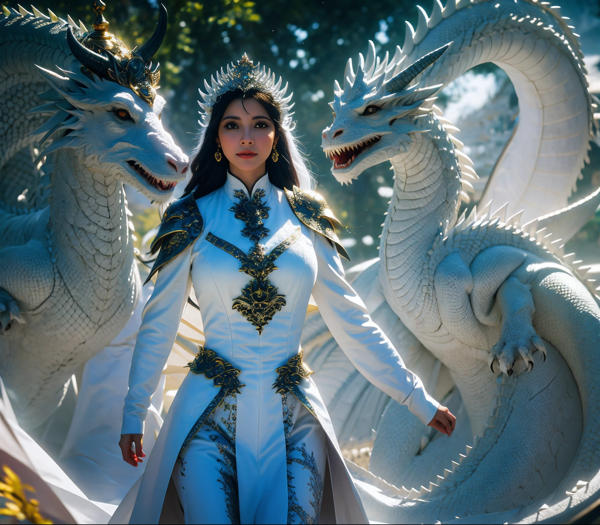 (16k, master part, best quality), ultra-detalhado, Olhos redondos bonitos detalhados, rosto lindamente detalhado, alta qualidade, high resolution, The Dragon Queen with her dragons, White dragon armor, deusa, rosto perfeito, corpo perfeito, mama grande, ((noite)), mulheres maduras, ao ar livre, fundo da montanha