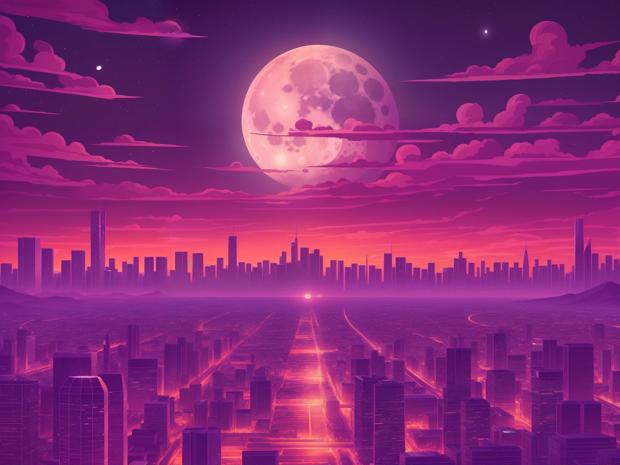 Illustration of the cityscape with a gigantic moon rising on the horizon, 8k, master part