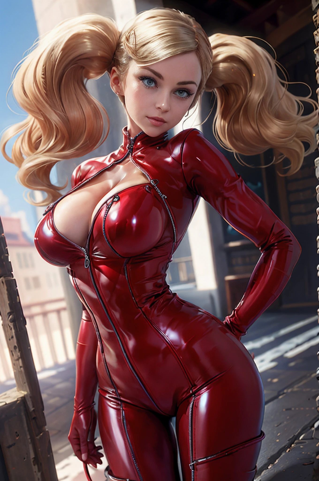 "Same character, same hairstyle, same pose, Glossier Catsuit, but photorealistic ultra-sharp, highly detailed hair."