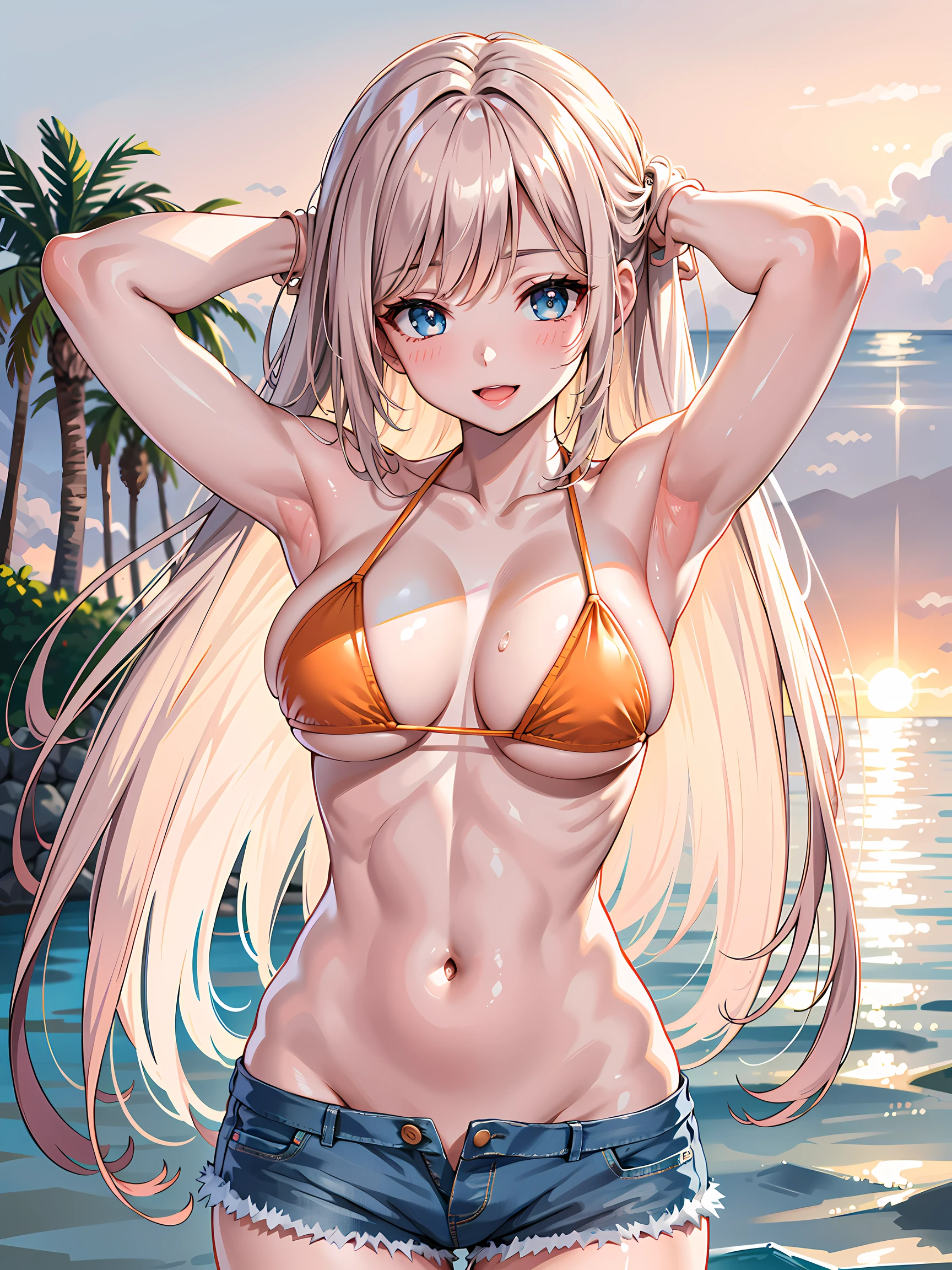 (1girl:1.3, solo), (Masterpiece, best quality, photorealistic, highres, photography, :1.3), ultra-detailed, sharp focus, professional photo, commercial photo, (upper body:1.3), (standing in water:1.3, at blue ocean), (((starring at the viewer:1.5))), (armpit focus, arms up, arms behind on head), BREAK, 1girl, solo, milf, European girl, hot model, (attractive model:1.37), (promotional model:1.2), highly detailed eyes and pupils, realistic skin, (attractive body, large breast:1.25, thin waist:1.15), thin hair, single braid hair, shiny-pink hair, extremely detailed hair, delicate sexy face, sensual gaze, shiny lips, BREAK, (orange bikini:1.3), (shorts:1.3), detailed clothes, BREAK, (outdoor, South California beach background, blurry background:1.25, simple background, no-human background, detailed background), (under sunset:1.37), BREAK, (attractive posing), ((realistic, super realistic, realism, realistic detail)), perfect anatomy, perfect proportion, bokeh, depth of field, hyper sharp image, (attractive emotion, seductive smile:1.2, happy:1.2, blush:1.2, :d:1.2, :p:1.2), 4fingers and thumb, perfect human hands, wind,
