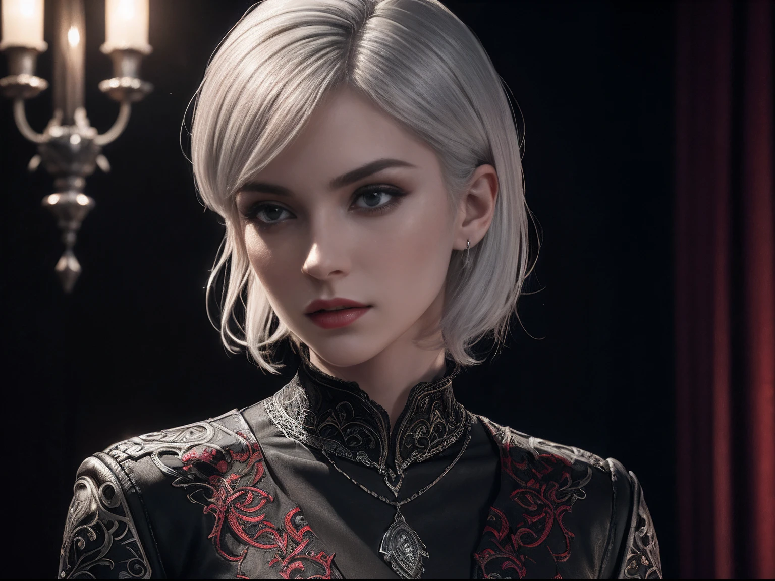 a beautiful 25 years old British female vampire royalty with short silver hair, pale skin, wearing silver colored shirt with red ornate lining and black tight pants, view from front, ambient lighting, photo realism, intricate face detail, intricate hand details, highly detailed, vibrant colors, cinematic, high definition, trending on Artstation--style raw