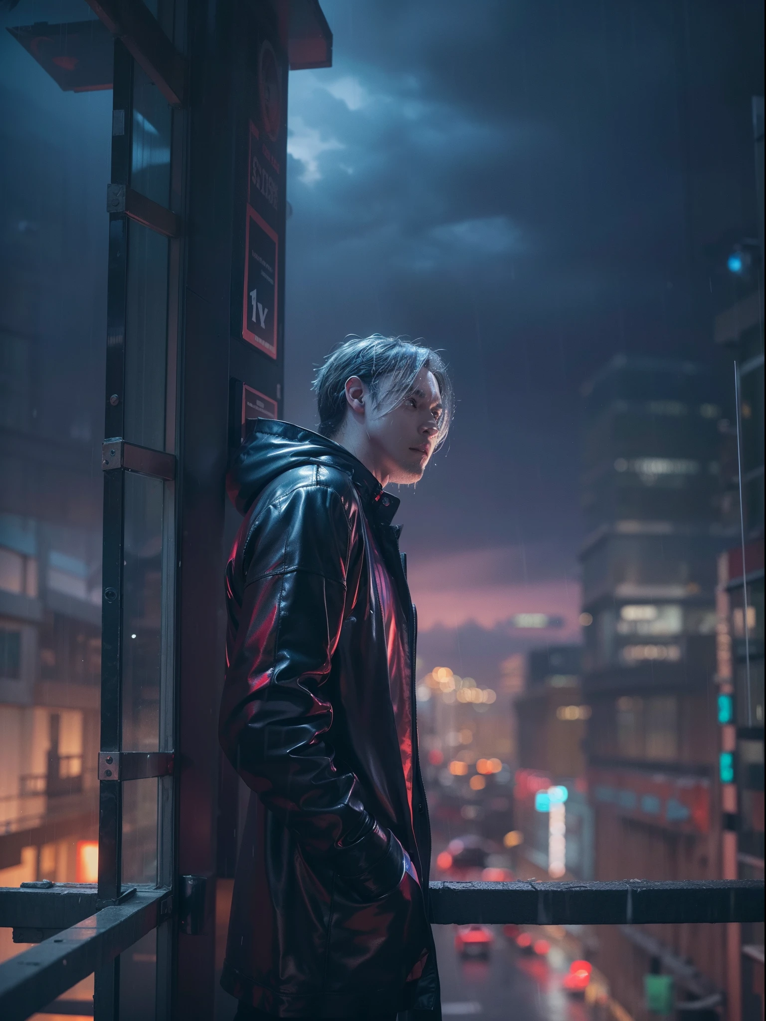 A sad man standing on the skycraper building with their loneliness, anger on the face, soaked wet building, rainy night, detailed portrait, wet in the rain, thunder lighting in the sky, dynamic pose, model pose, realistic face, detailed blue hairs, red eye lense, ray tracing with 8K UHD resolution.