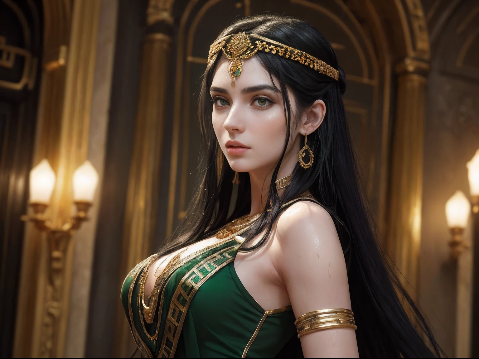 Photorealistic Production, (A beautiful 25 years old female Model:1.4), (Half Body Shot), (Long black hair), (Wearing Green colored Revealing Greek Maiden Outfit with Flowing Silk Cloth and Detailed Golden Jeweleries:1.4), (fashion show stage with audiences on the background:1.4), (centered, view from front:1.4), (pale skin:1.2), (busty cup size:1.2), (Athletic Body Builds:1.2), (detailed shiny skin), (serious face), (Catwalk Pose), Intricate Face Detail, Intricate Hand Details, (Chiaroscuro Lighting:1.4), Cinematic Shot and Lighting, Realistic Colors, Masterpiece, Sharp Focus, Ultra Detailed, Ultrarealistic Photography, (Canon EF F/1.2L 100mm Lens), Depth of Field, Incredibly Realistic Environment and Scene, Master Composition and Cinematography