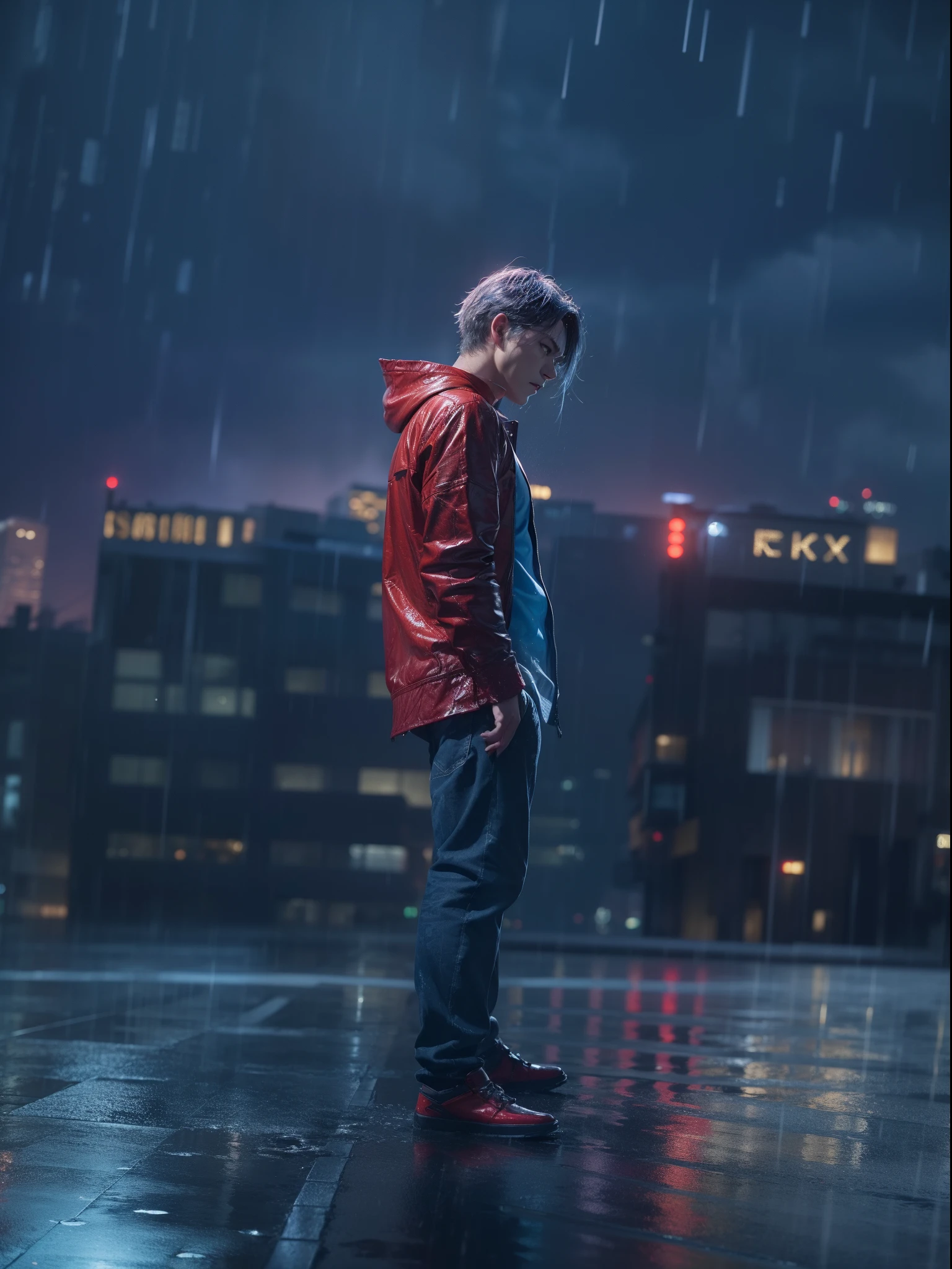 A sad man standing on the skycraper building with their loneliness, anger on the face, soaked wet building, rainy night, detailed portrait, wet in the rain, thunder lighting in the sky, dynamic pose, model pose, realistic face, detailed blue hairs, red eye lense, ray tracing with 8K UHD resolution.