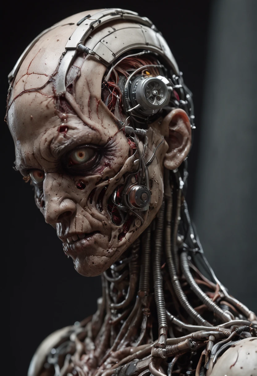 Zombie cyberpunk whole body, techno clothing, robotic arm, bionic eye, with skin that is full of burnt,Cables and pipes coming out of the head, esqueleto de metal, Electronic Parts, ambiente oscuro, blade runner, matrix, chopped and sliced skin, extremely detailed and intricate fine details, very gory, scary grotesque,cyborg style