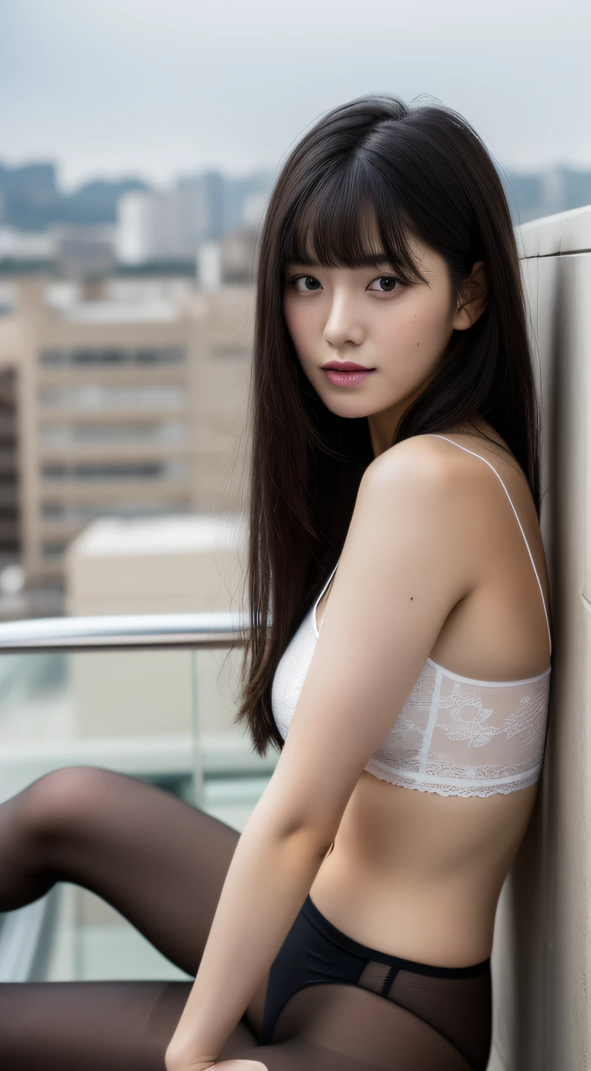 On the rooftop、Sit up、black pantyhose、frombelow、an lingerie、One lady、(Long black hair1.3)、With bangs、Nice style、A sexy、(Colossal tits:1.2)、(​masterpiece、top-quality)、((20 year old woman:1.2))、Young adorable Japan face, dewy skin, Soft portrait shots,8K,、very extremely beautiful、Looking at the camera、,full body Esbian、Hands are off-screen、Show the armpits、