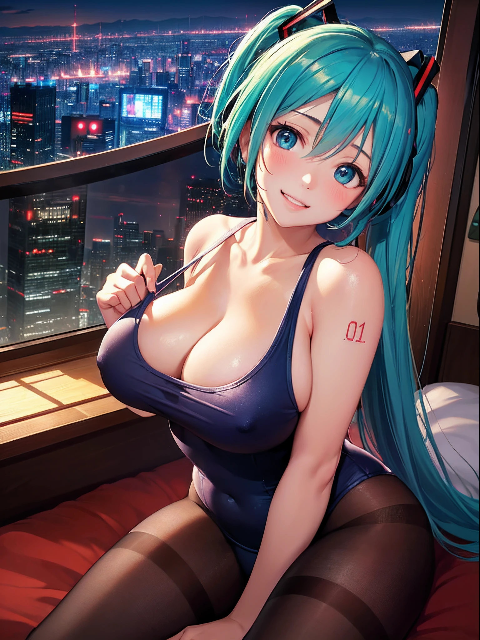 masutepiece、Best Quality、Illustration、 ultra-detailliert、hight resolution、8K Wallpapers、Perfect dynamic composition,、Beautiful detailed eyes、(Hatsune Miku's costume:1.3)、(Perfect New One Piece School Swimsuit:1.3)、(Brown pantyhose:1.3)、Medium Hair、(Beautiful Large Breasts:1.3)、Natural Color Lip、Bold sexy poses、Smile、embarassed face、Blushing、Harajuku、20 years girl、Cute、Beautiful sister、Sexy shot looking at camera、60th floor of a tower apartment、Luxurious bedroom、Luxury bed、sit on a bed、You can see the night view from the window、nighttime scene、is standing、Naughty atmosphere、Erotic Poses、Evocative Pose、suggestive pose、Looming