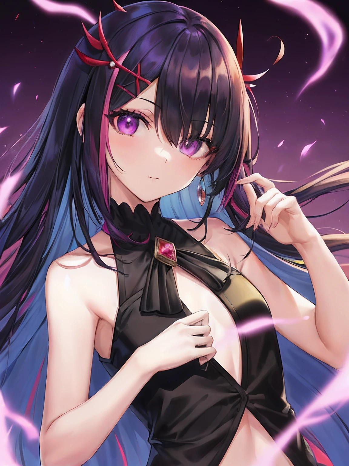 (masutepiece:1.3), (absurderes:1.3), (Best Quality:1.3), (Ultra-detailed:1.3),(Best Shadow:0.7), (Handle Hair), (Sharp eyeliner, eyeshadows, Detailed eyes:1.1), Perfect Anatomy, Large breasts, multicolored hair, Pink hair, (Purple eyes, Glowing eyes), Black hair, hair between eye, Jewelry, X Hair Ornament, Bangs, Very long hair, lightsmile, Closed mouth, Sleeveless, Strapless, Armpits (((, Opened clothes, Small chest)))