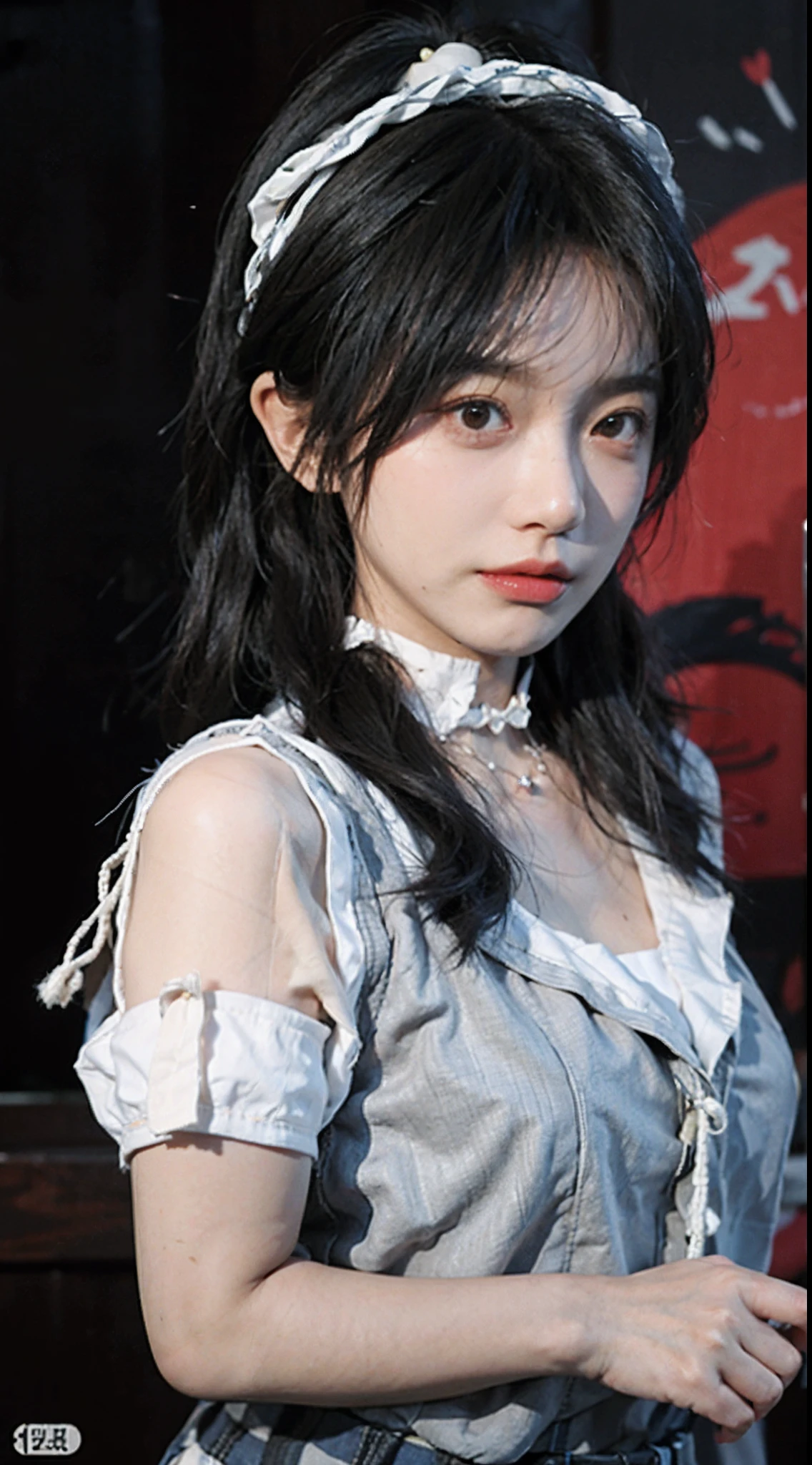 best qualtiy, 超高分辨率, (realisticlying:1.4),Baoyu Girl,1girll, with long coiled hair,Blushlush,Looking into the distance,nedium breasts,Lolita uniform,a sense of atmosphere,Beautiful woman with a slim figure:1.4,Ultra-fine face,Elaborate Eyes,二重まぶた,choker necklace