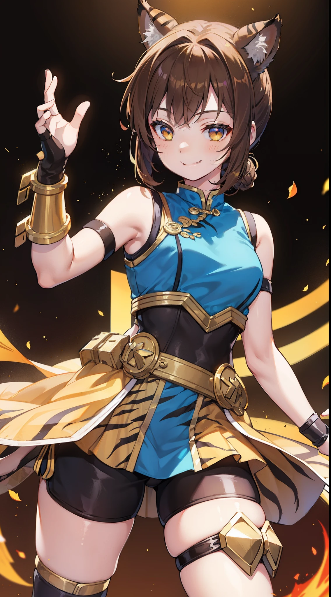 young girl, brown hair, Two buns, golden eyes, Tiger ears, Chinese yellow and blue dress, Shorts, Ironbound Bracers, Winks, Smile, Masterpiece, hiquality