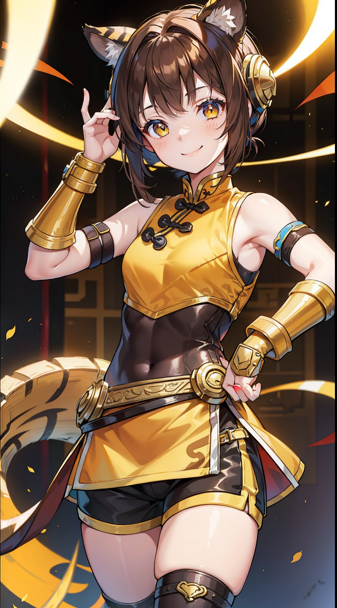 young girl, brown hair, Two buns, golden eyes, Tiger ears, Chinese yellow and blue dress, Shorts, Ironbound Bracers, Winks, Smile, Masterpiece, hiquality