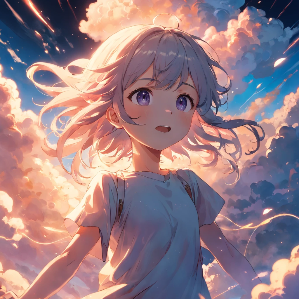 masterpiece, best quality, movie still, 1girl, cloud girl, floating in the sky, close-up, bright, happy, warm soft lighting, sunset, (sparks:0.7)
