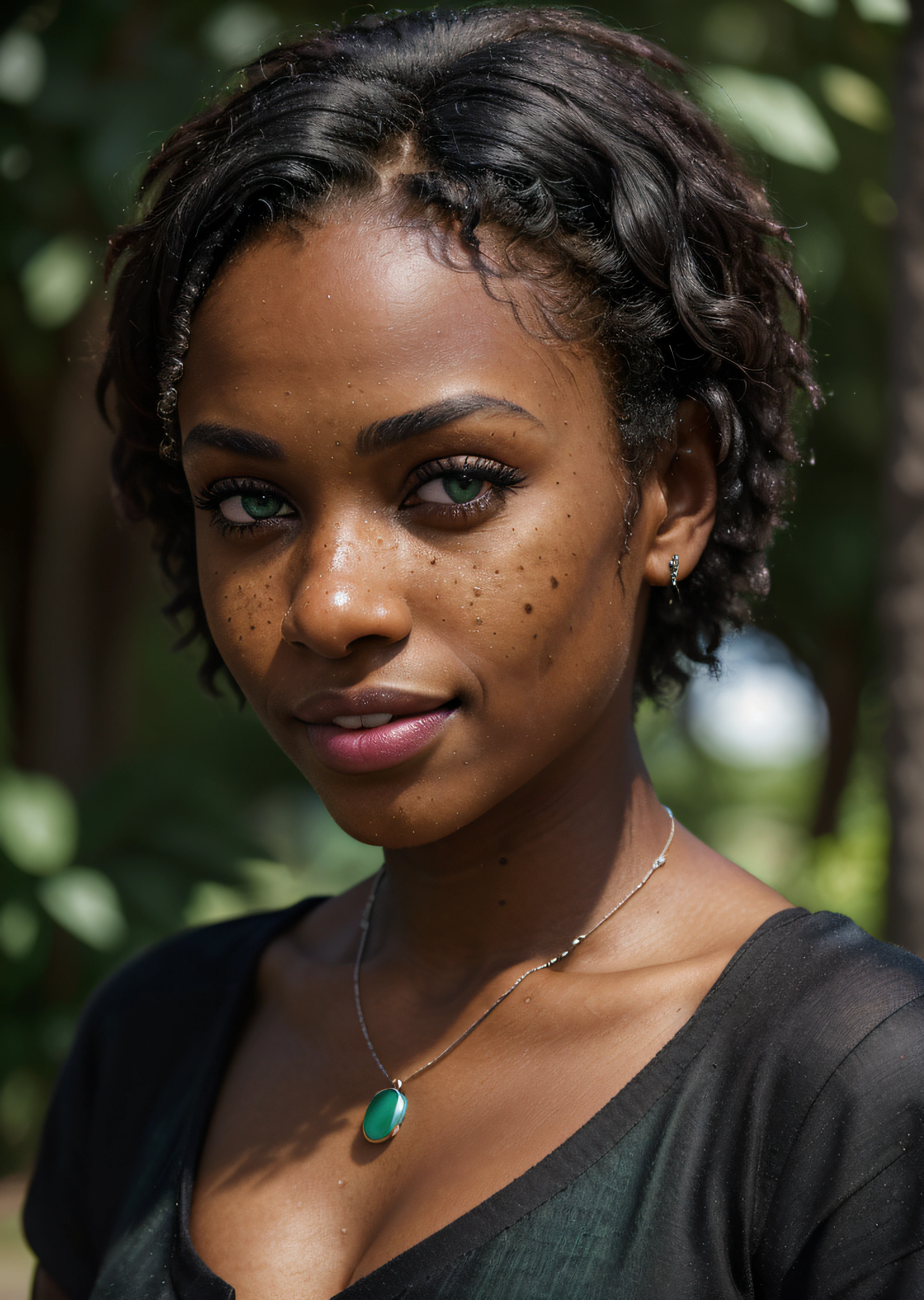 (masterpiece, 8k, realistic photograph, colour graded, shallow black, shallow depth of field, natural look, detailed eyes, defined facial features, captivating), A candid closeup portrait of a beautiful black mixed woman, ((dark skin)), natural green eyes, straight teeth, short hair, modern makeup, freckles, modern background, she's wearing summer clothes and a handmade necklace