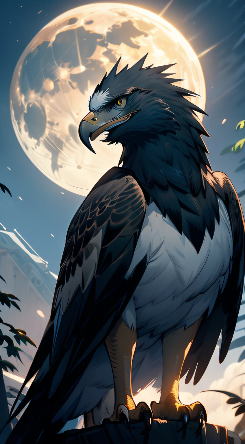 a eagle looking at the viewer, (masterpiece), best quality, (eagle)), (((no_humans))), animal, feathers, glowing eyes, scary,night, horror, animal focus, trees, moon, glow, dark