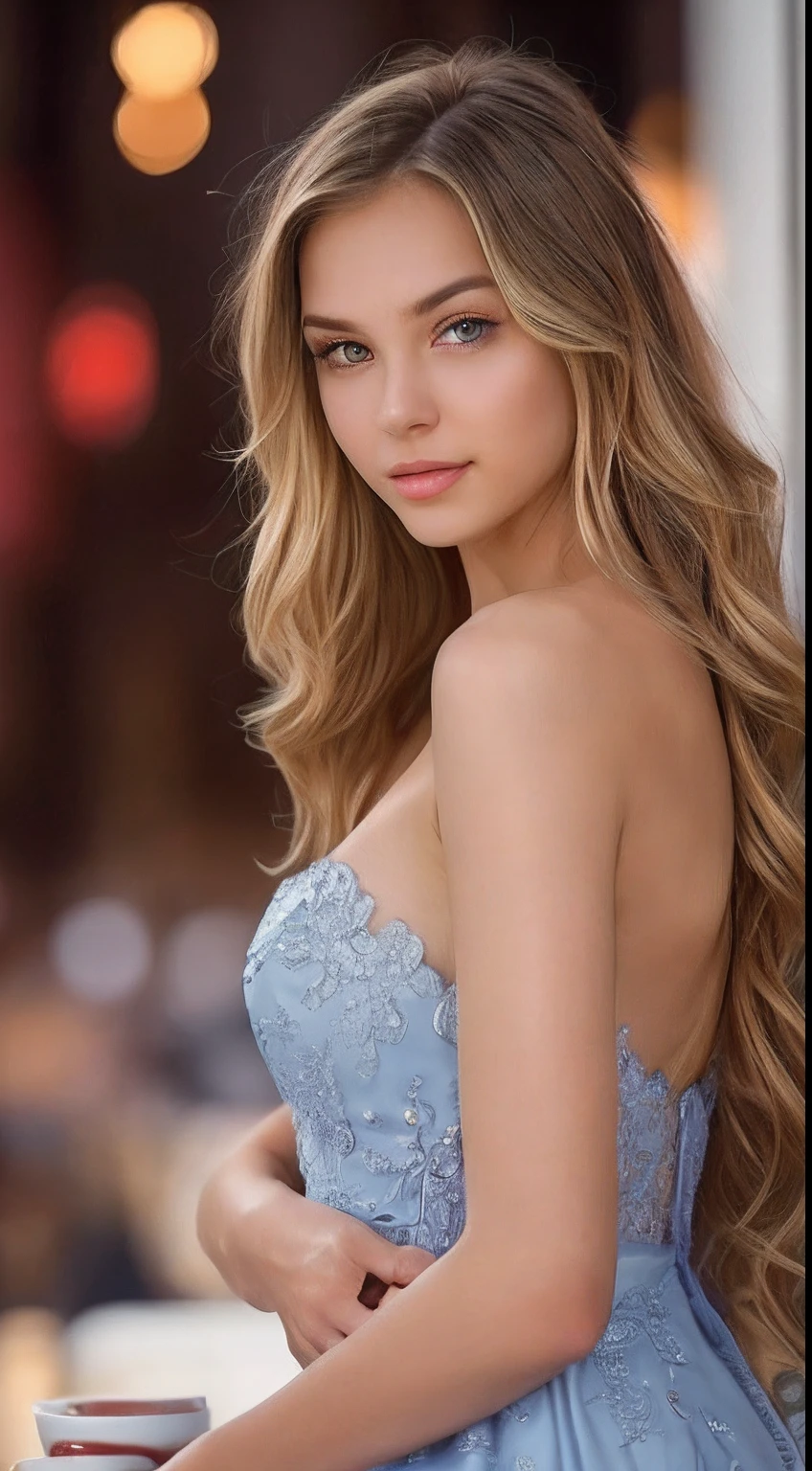 stunning detailed portrait, 1girl, beautiful detailed eyes, beautiful detailed lips, extremely detailed face, long eyelashes, elegant expression, photorealistic, hyper realistic, 8k, masterpiece, oil painting, chiaroscuro lighting, warm color palette, dramatic lighting, atmospheric, Cinematic Gorgeous girl with a (golden white hair) , wavy hair , shoulder-length hair , luxuriant eyes lashes ,brown lips ,delicate nose and lips ,slim figure,medium breast ,(sexy),looking at camera , very detailed face , ((medium breast, tomboy hairstyle )),(best quality, masterpiece ), (realistic, photo-realistic:1,37), top quality, masterpiece, a beautiful woman, (( wearing a lite blue dress with white patterns elegant), beautiful designed elegant,very realistic,sexy, just one shoulder off, elegant design, realistic ,beautiful and toned body, cleavage body extremely detailed, fine hands,five fingers, perfect body, night atmosphere,,( seductive smiles with dimples ),(extremely detailed CG 8 k wallpaper), (an extremely delicate and beautiful), (masterpiece), (best quality:1.0), (ultra higher:1.0), night mood beautiful lighting ,perfect lightning, realistic shadows, [higher], detailed skin, ultra-detailed ,high realistic, ,(super cute face) supermodel , masterpiece, best quality, high quality,(delicate eyes and lips ), random poses ,(slim figure) white skin , perfect full body shoot, Kodak photo,(full body shoot), gorgeous girl sitting on the chair,outside of the resort, movie style, cinematic scenes, best quality, blurry background, night mood , light cottage ,etc ,best quality ,masterpiece high quality HD quality 
