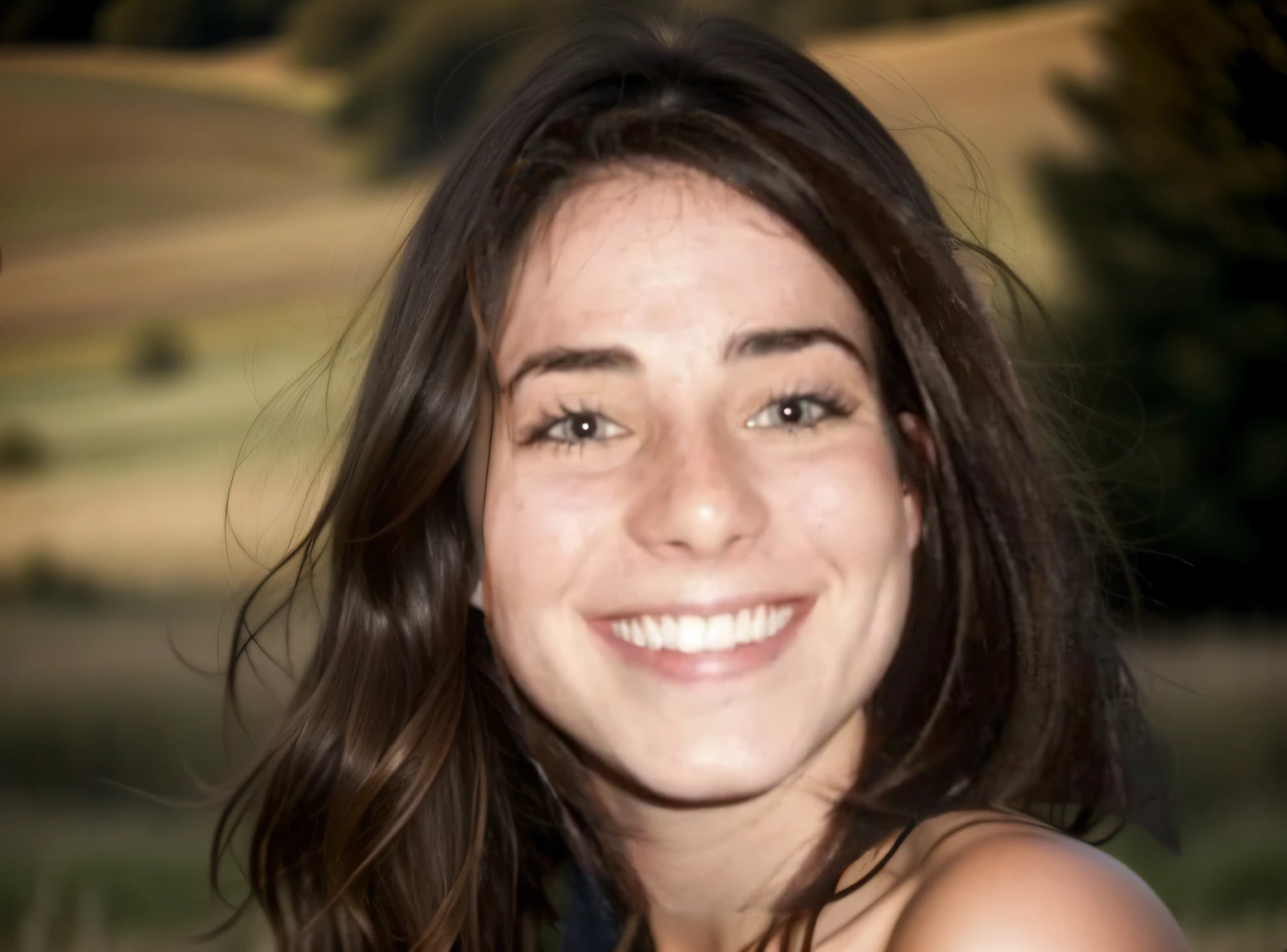This woman's face on a sexy, slim, small breasted body. Standing in a field completely nude.