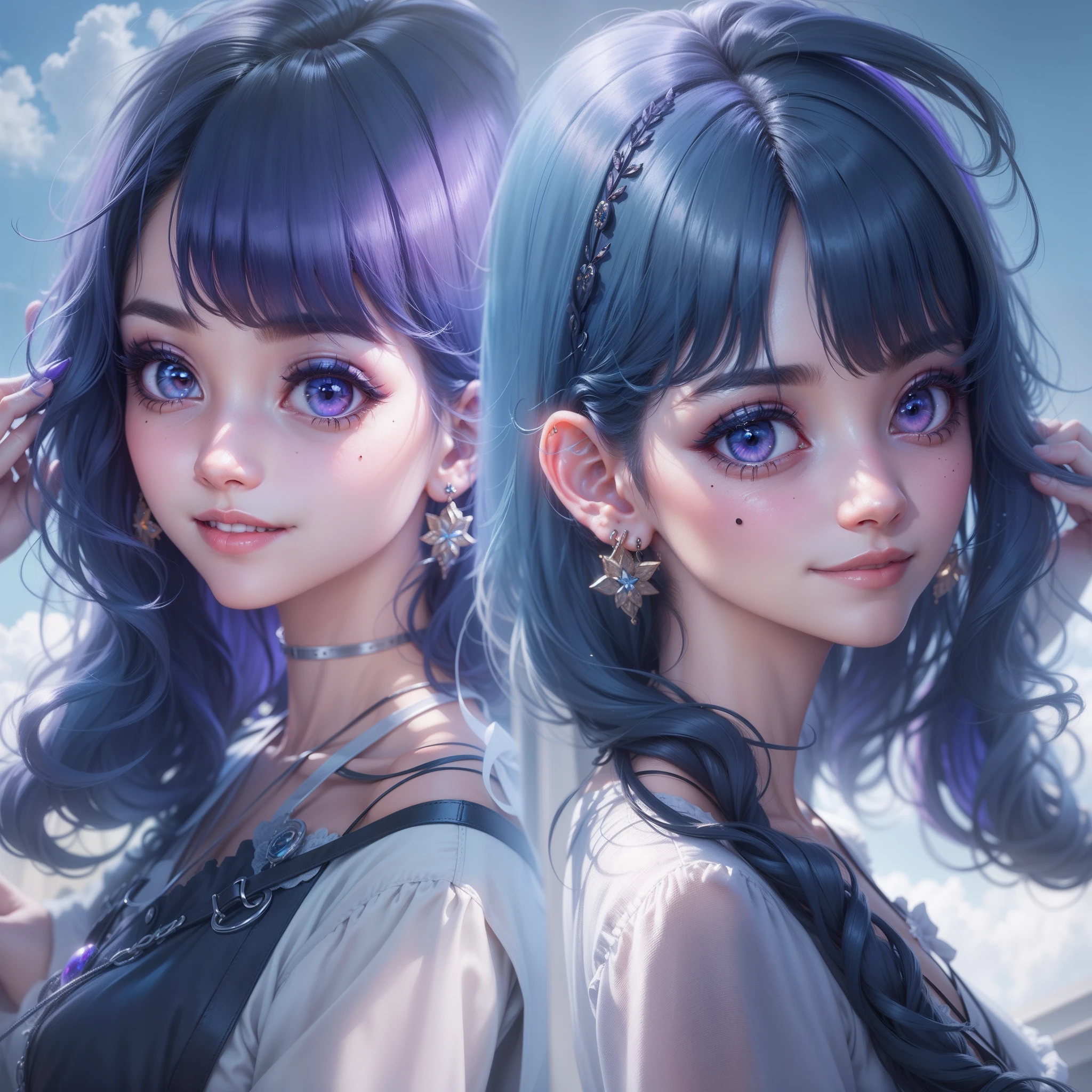 dark blue hair, twin drills, hairclip, mole under eye, purple eyes, earrings, makeup, smile, Surrealism, god rays, ray tracing, Wide-Angle, panorama, 8k, super detail, masterpiece, high details, high quality, super detail