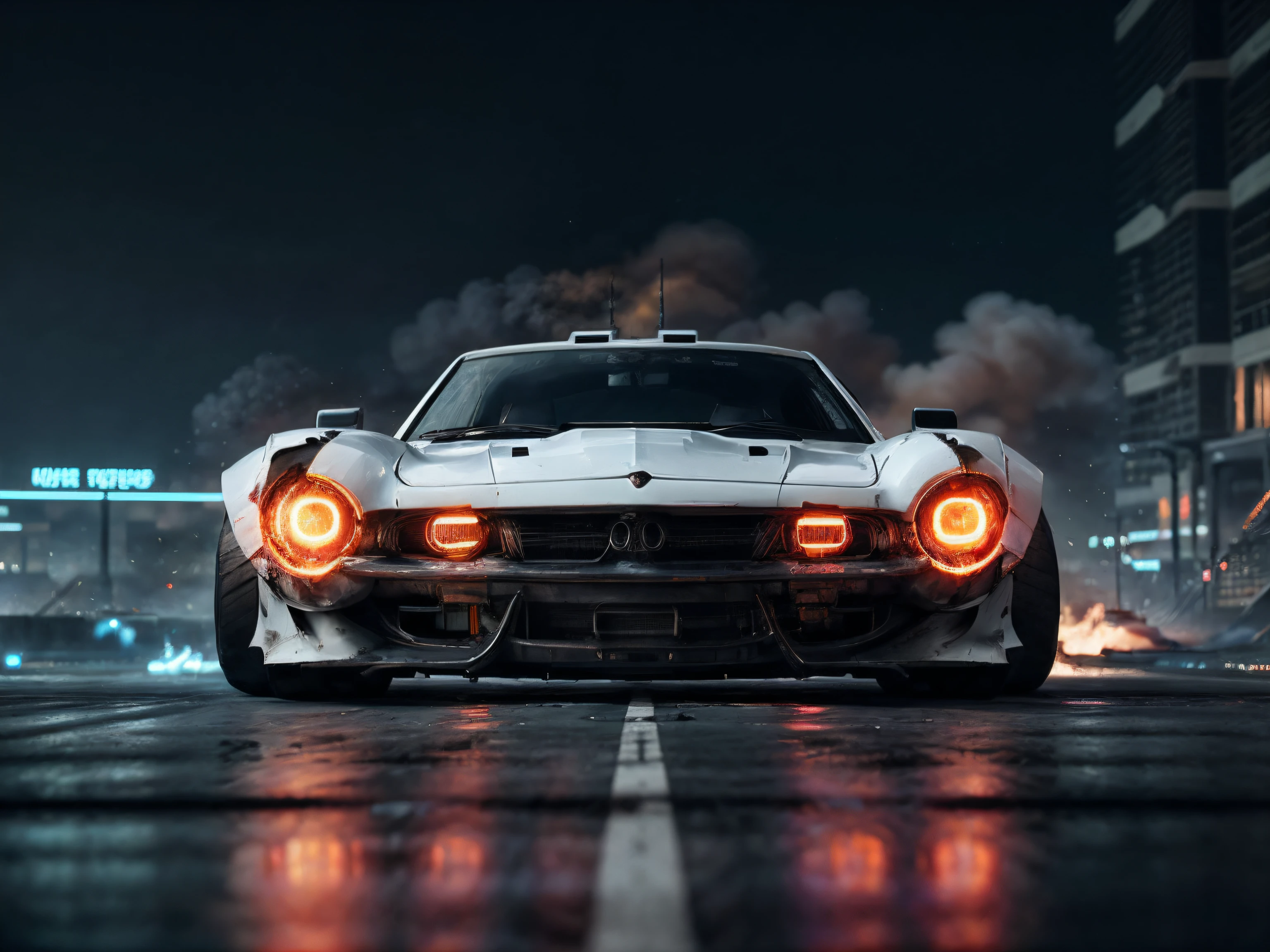 white modern style car,front isometric view,neon lights tires,fire from body,cyberpunk background, smooth outer texture ,bokeh,cinematic shot,big tires,destroyed cars in background