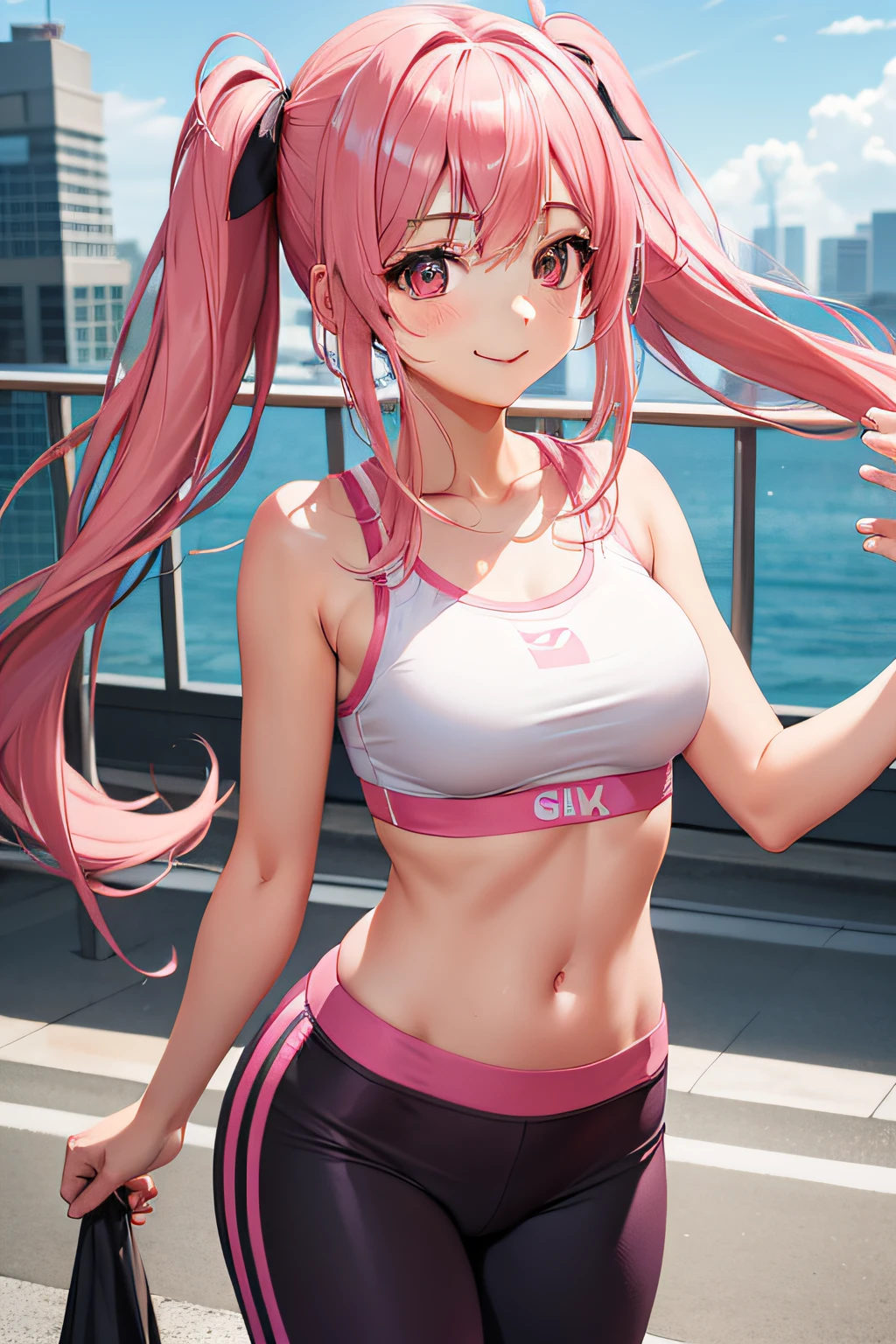 1girl+,  pink long hair, floating hair, twin tail hair, cute, smile, sports bra, yoga pants, gym, gal