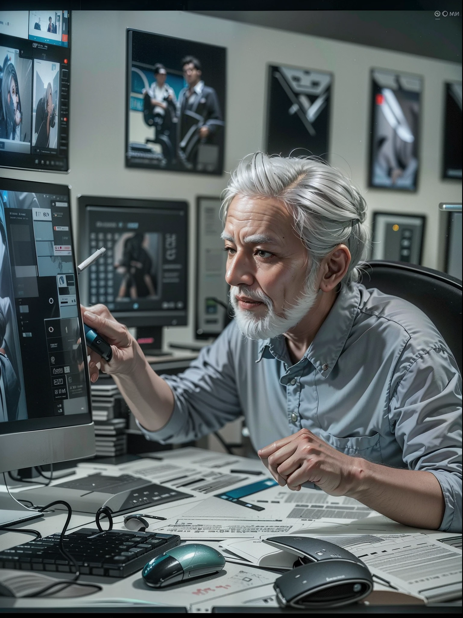 An elderly man with gray hair sits in front of a computer in an open plan office and works on a collage of several images on the monitor holds the mouse in his hand and looks towards the monitor the image is photorealistic 4k