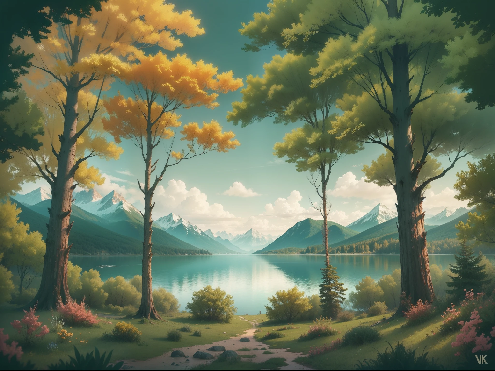 Illustration of a giant lake surrounded by trees with mountains on the horizon, (Vida selvagem) (Animais)(Folhas)(master part) 4k
