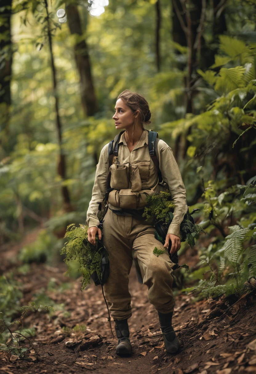 Photo of a beautiful woman dressed as a female cinematic explorer (mangeant des plantes sauvages dans la nature), Realstic, in a forest, corps mince, Vue de dos, Prise de vue du corps entier, looking at the camera, Sourire mignon, faible profondeur de champ, Pose dynamique photographie_\(ultra\), photoreallistic, Realstic, Post-traitement, finedetail, roughness, real life , ultra realist, photorealism, photographie, 8K UHD, photographie