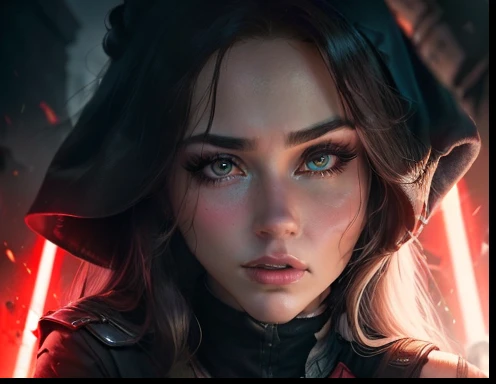Detailed wide lens image of Lindsey Strutt fully clothed as a Sith Inquisitor, Star Wars, flowing long hair, stunning, toned, alluring, perfect face, gorgeous soft skin, red lightsaber, dark image, destruction behind, zoomed out, about to duel, evil