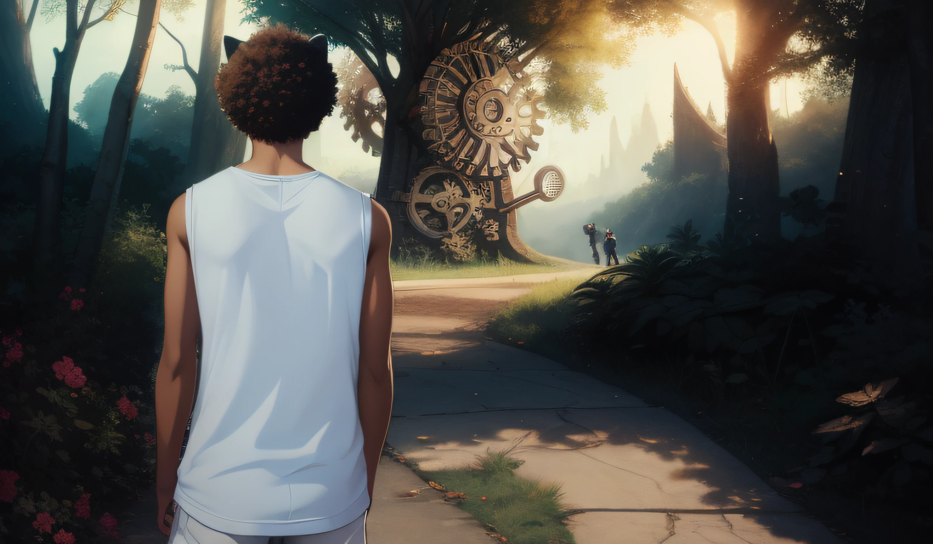 Boy with cat head and afro hair, wearing a white tank top heading towards a tree with gears, mistica, incrivel, atmosfera fantastica