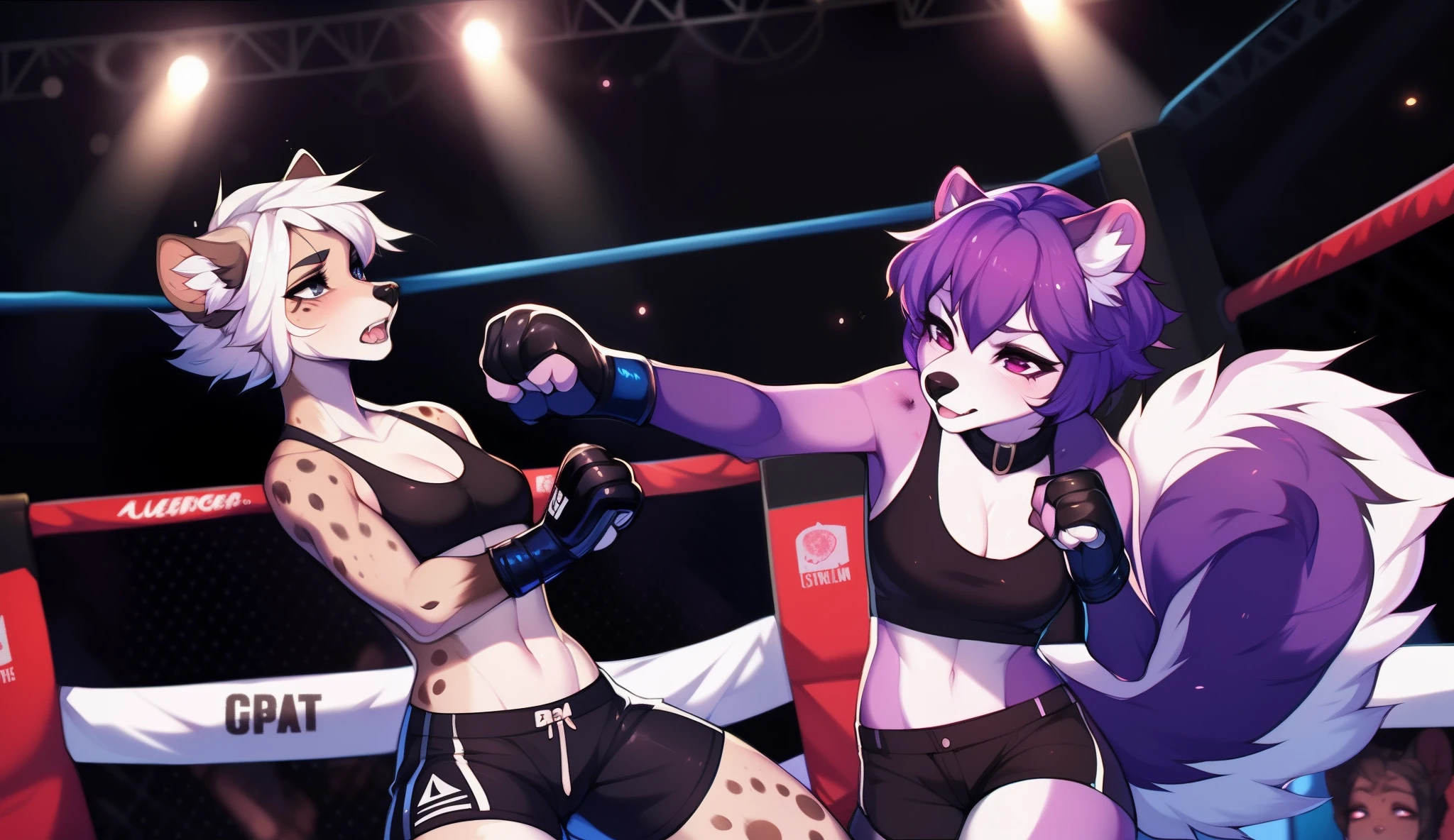 Duo, (duo:1.3), (morbidly obese:1.3) female, (sumo:1.5), (sumo wrestling:1.4), (sumo ring:1.2), (sumo wrestler:1.3), (city) (arena) (outside) (science fiction) (cyberpunk) (futuristic), (lingerie:1.4), cleavage, (cleavage overflow:1.2), (detailed eyes:1.3), (voluptuous), (hyper breasts), (wide hips), (huge thighs), (huge butt), (love handles), (belly overhang), (deep navel), (flabby arms:1.5), (fat neck:1.1), (double chin), (chubby cheeks:1.3), absurd res, (shaded), (scenery porn), (scenic view), (by honovy), (by kakuteki11029), by thesociallyawkwardpinguin, by oouna, (crowd:1.5), (weightchubby:1.2), (tail up), sumo pose