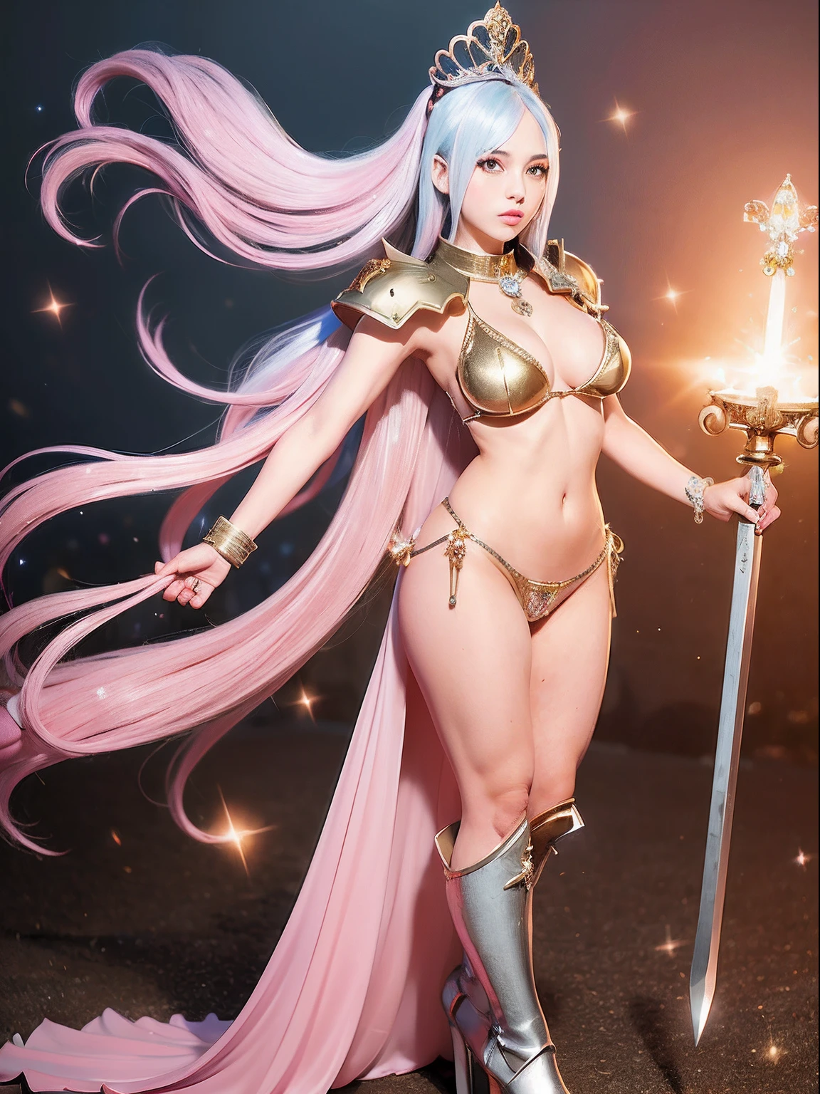(masutepiece), Professional , masterpiece、top-quality、photos realistic , depth of fields (Gemstone White Metal Body:1.9),(Matte White Pink、Jewel Gold Weapon、(School background)、(ultimate beauty girl)、Particles of light、 Hold two handed Sword of the Brave , blue boot with heels),(blue hair) ,warhammer 40k , Mystical expression、cleavage of the breast、1girl、dynamic angle, (((Diamond tiara with detail and luxury)))、Powerful poses, 20 year old beautiful woman、Stand in the center of the screen、Straight long hair、(micro bikini)、Hair fluttering in the wind、face forwards、Look at viewers、(full body)