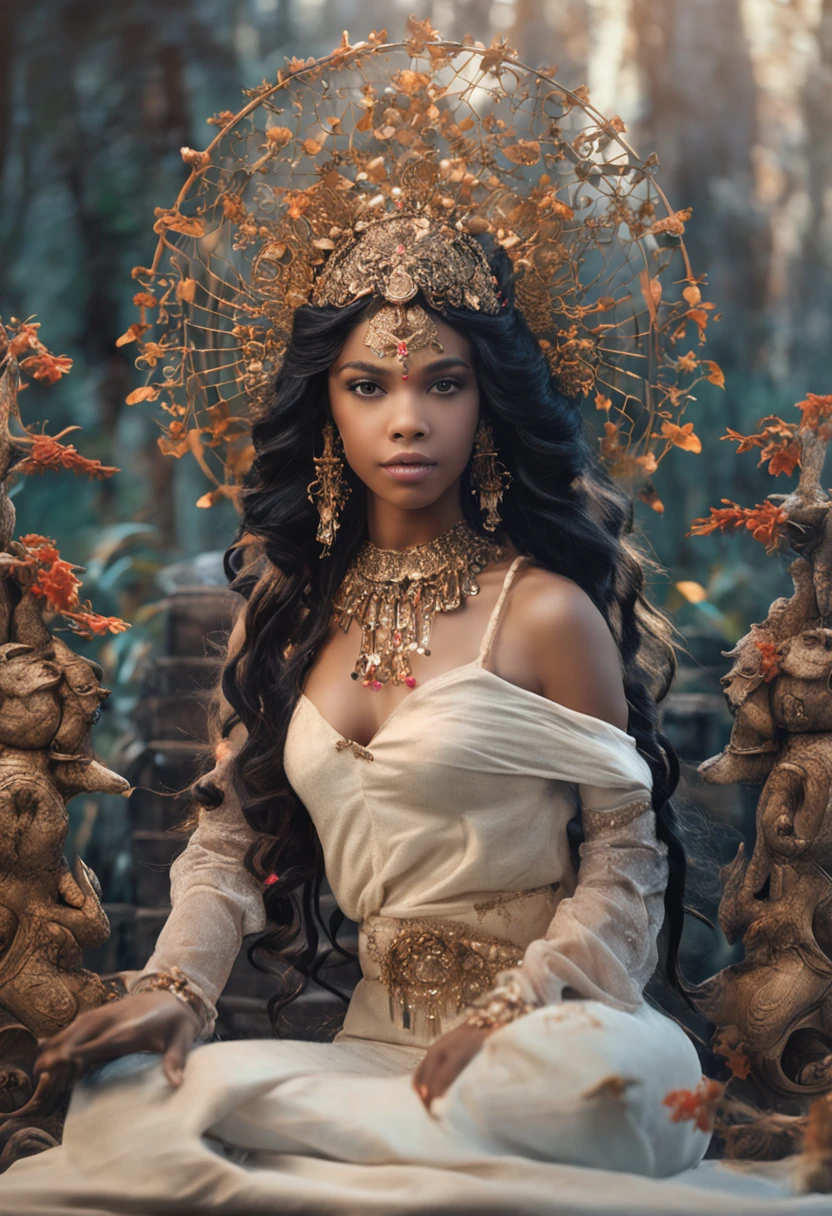 melhor qualidade, , adolescente bonita, uma bela imperatriz fantasia, ethereal beauty, linda donzela fantasia, deusa bonita, ((uma bela imperatriz fantasia)), Fantasia Oriental, Ethereal Fantasy, cenas detalhadas, awesome pose, Attractive accessories, Pitoresco, cabelos pretos, fantasia, pequenos animais ao seu redor, no meio de uma floresta,
