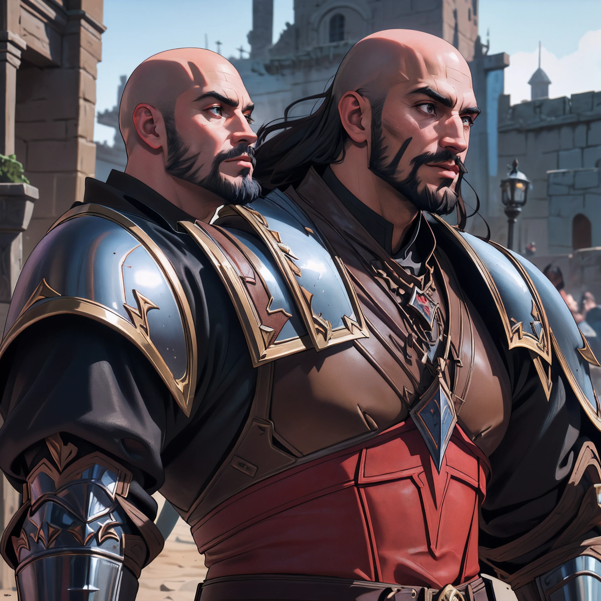 Castlevania shadow lords hyper realistic beautiful warrior leather Armor Porter hyper realistic super detailed Dynamic shooting handsome muscular Bald beard medieval moroccan warrior leather Armor Wear publicity poster movie Epic Legendary