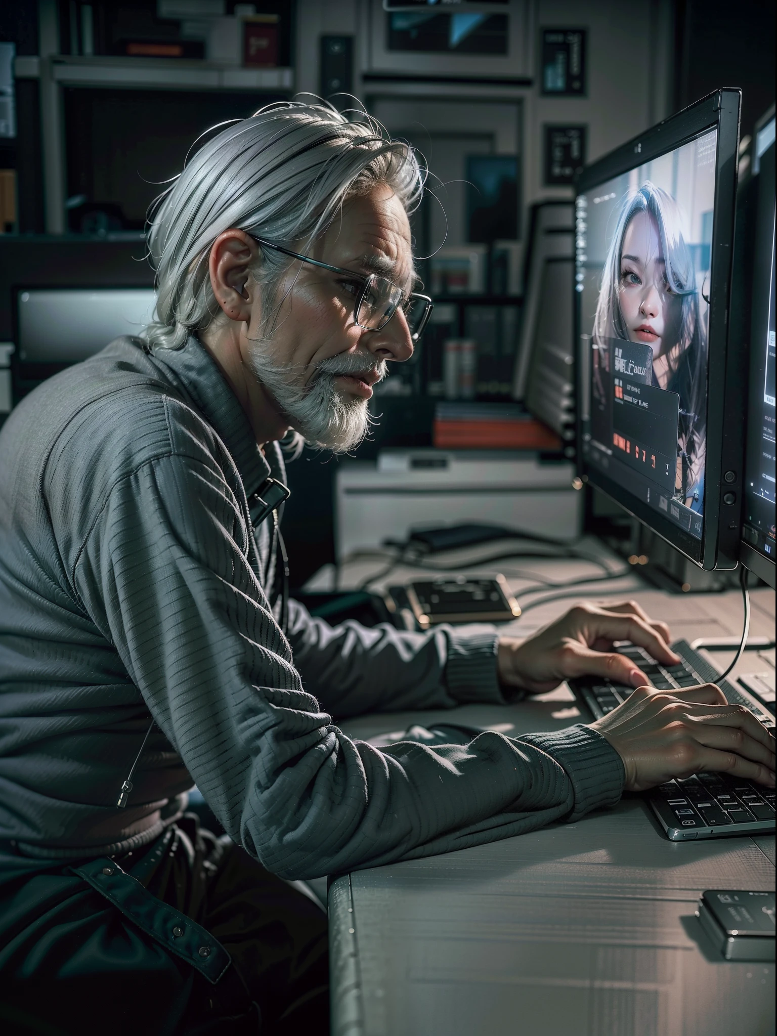 An elderly man with gray hair sits in front of a computer in an open plan office and works on a collage of several images on the monitor holds the mouse in his hand and looks towards the monitor the image is photorealistic 4k