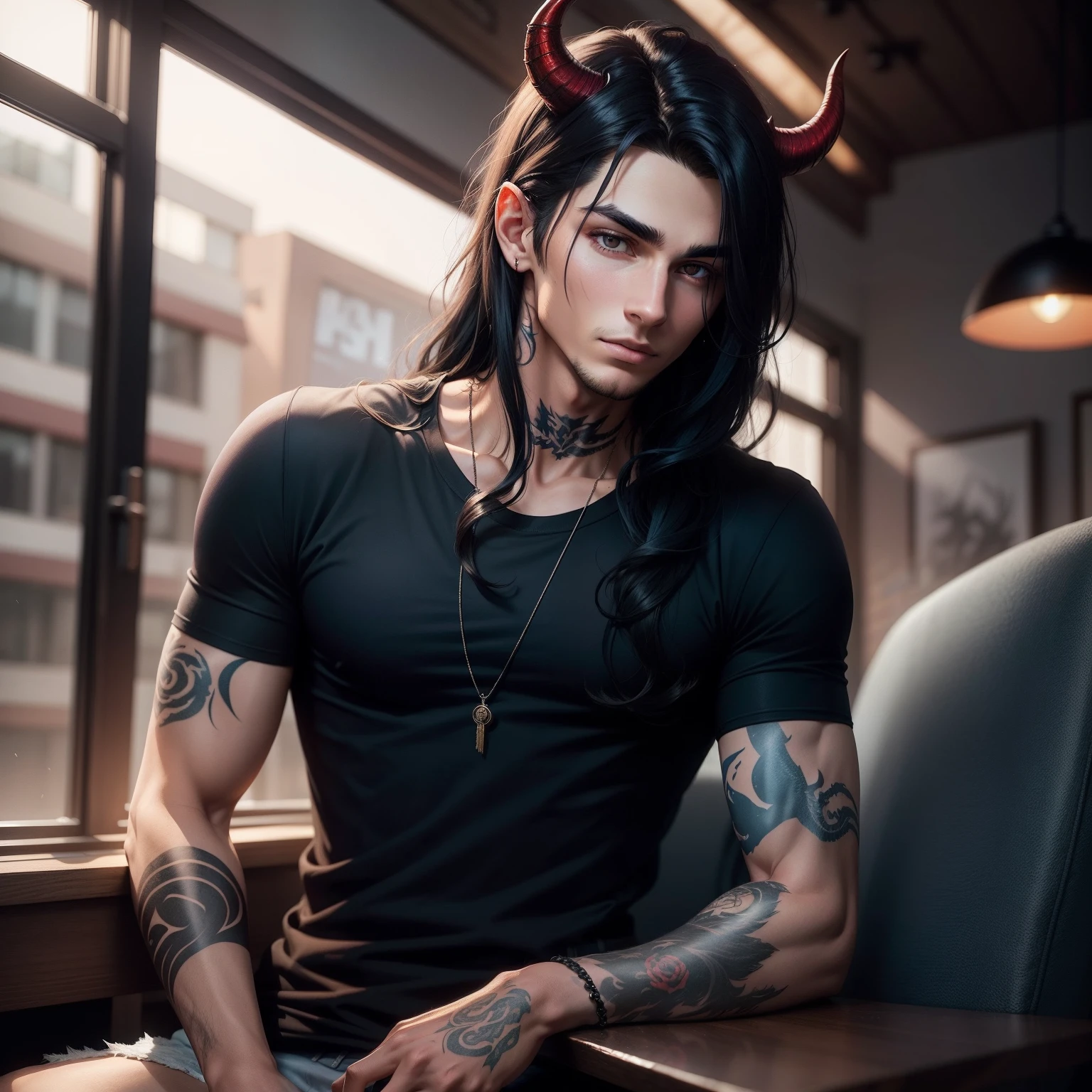 Handsome male, long black hair, straight long hair, grey eyes, bushy brows, smirk, arrogant expression, detailed body, detailed hands, red tshirt, black pants, sitting on bed, horns, tanned skin, ear piercings