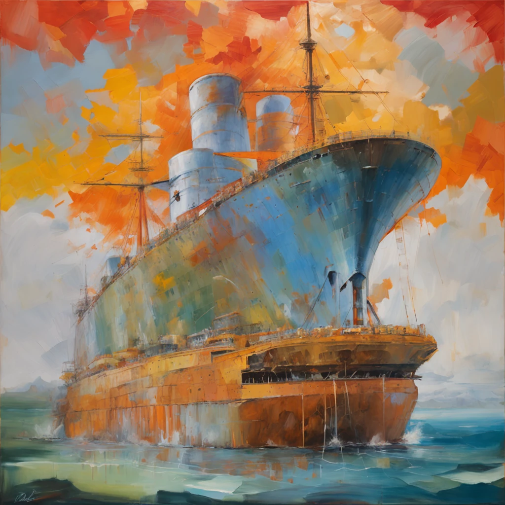 Elaborate painting details of the Titanic, von Range Murata, das Meer im Hintergrund, Wolken, Vivd-Farbe, Hoher Kontrast, Freiheitsstatue in weiter ferne, Vektor-Strichzeichnungen, Orangefarbene Glanzlichter, Im Trend in Pixiv, Anime-Konzeptzeichnung, Stock, Mattire, High quality, Kante an Kante, Sanskrit