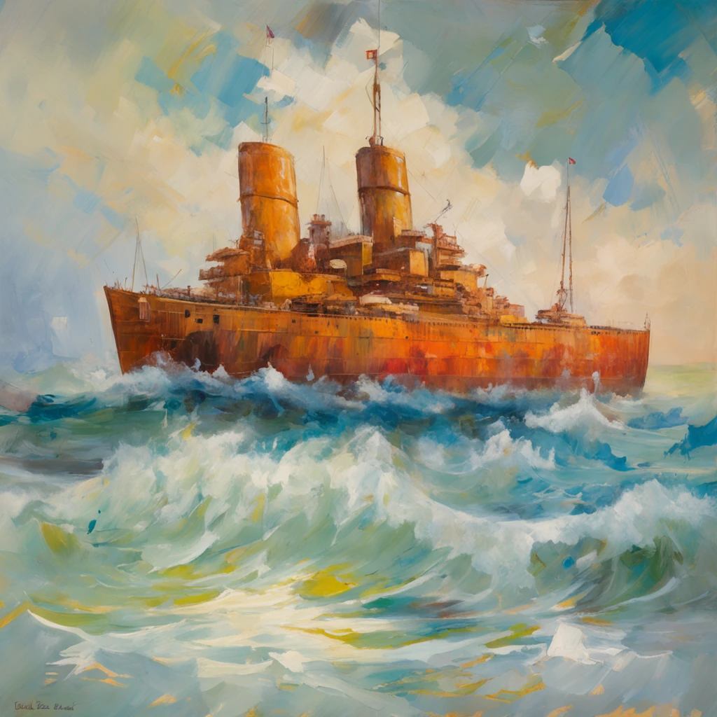 Elaborate painting details of the Titanic, von Range Murata, das Meer im Hintergrund, Wolken, Vivd-Farbe, Hoher Kontrast, Freiheitsstatue in weiter ferne, Vektor-Strichzeichnungen, Orangefarbene Glanzlichter, Im Trend in Pixiv, Anime-Konzeptzeichnung, Stock, Mattire, High quality, Kante an Kante, Sanskrit