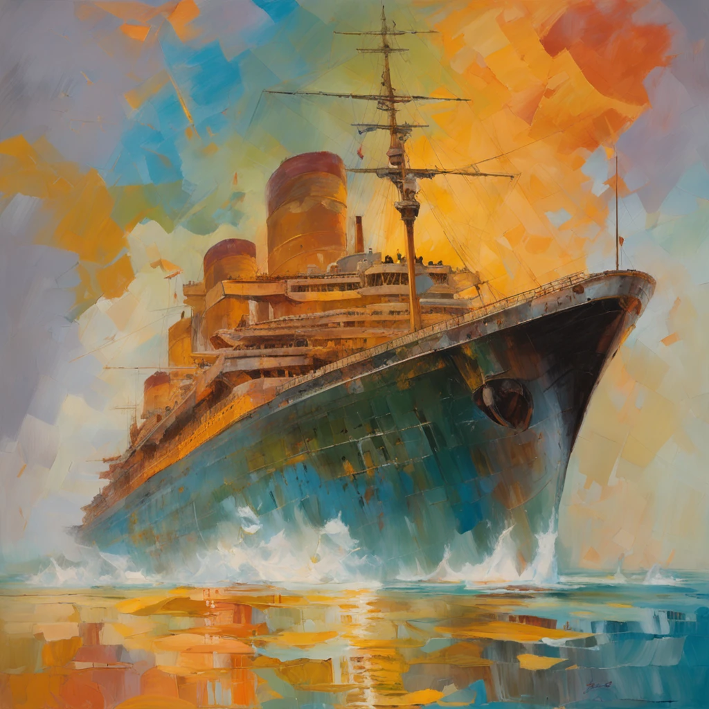 Elaborate painting details of the Titanic, von Range Murata, das Meer im Hintergrund, Wolken, Vivd-Farbe, Hoher Kontrast, Freiheitsstatue in weiter ferne, Vektor-Strichzeichnungen, Orangefarbene Glanzlichter, Im Trend in Pixiv, Anime-Konzeptzeichnung, Stock, Mattire, High quality, Kante an Kante, Sanskrit