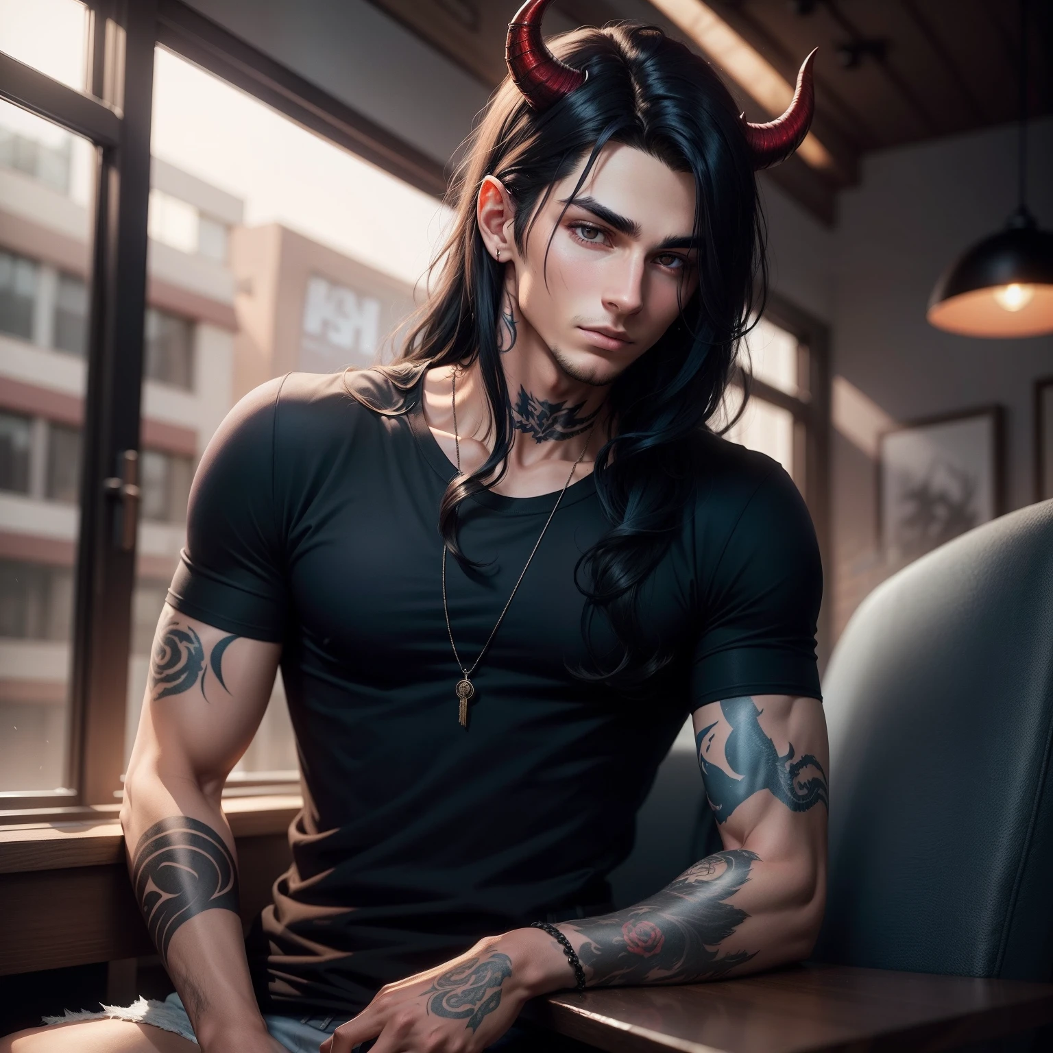 Handsome male, black hair, long hair, emerald eyes, detailed body, detailed hands, black shirt, black denim jeans, sitting on couch, nightfall, huge bulge in pants, horns, piercings, long sleeve shirt, arrogant expression, buff man, handsome