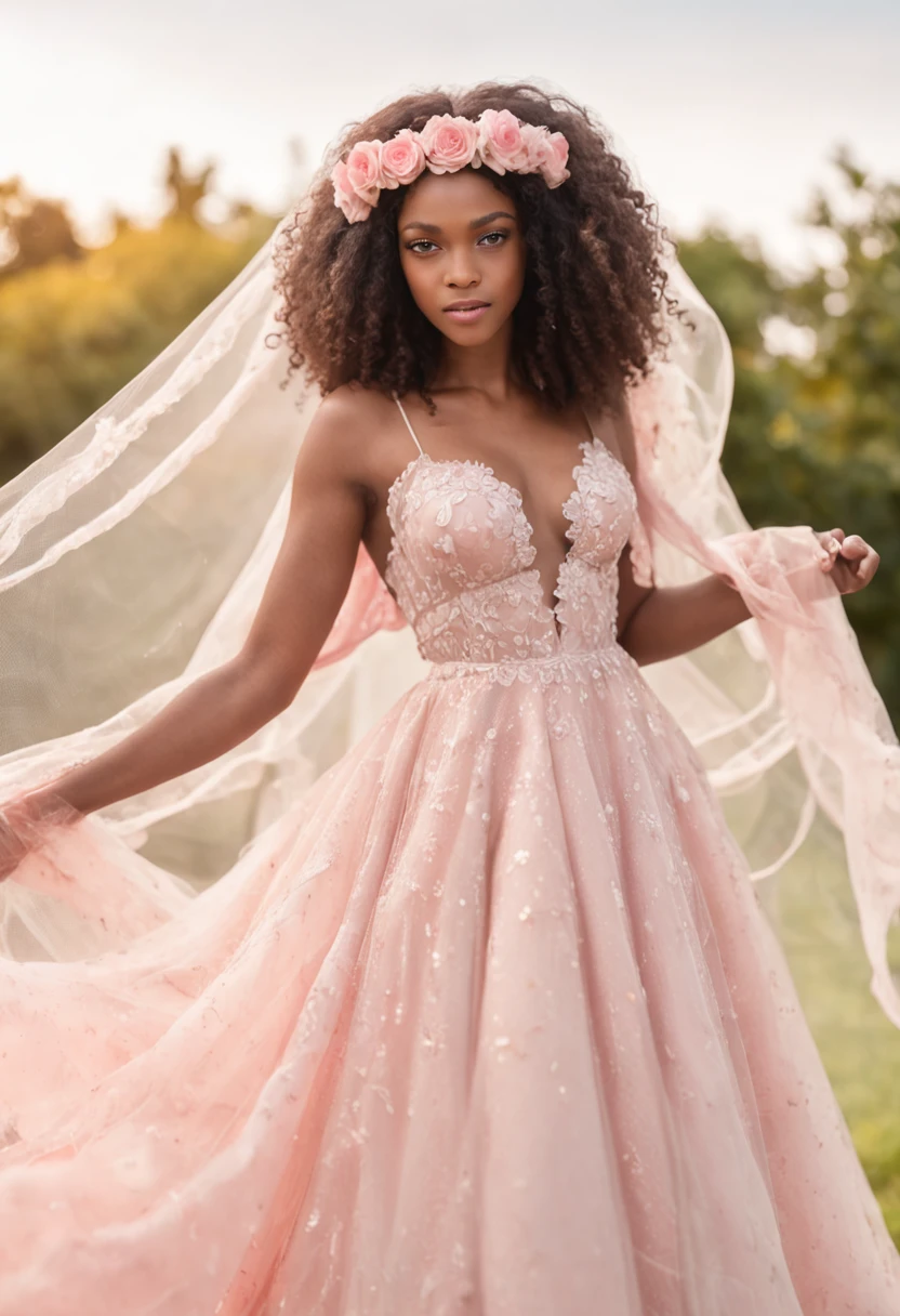 (Full body photograph of 1 very black girl with curly hair wedding dress with large transparent veil and pink color dress + suave e delicado + cabelos loiros)+(Vestido longo em cores brilhantes, Luz brilhante, Cabelo loiro longo e liso + Olhos brilhantes e acolhedores)+(pink petals + Brisa suave + with blue sky and white clouds + Bosques verdes e floridos)