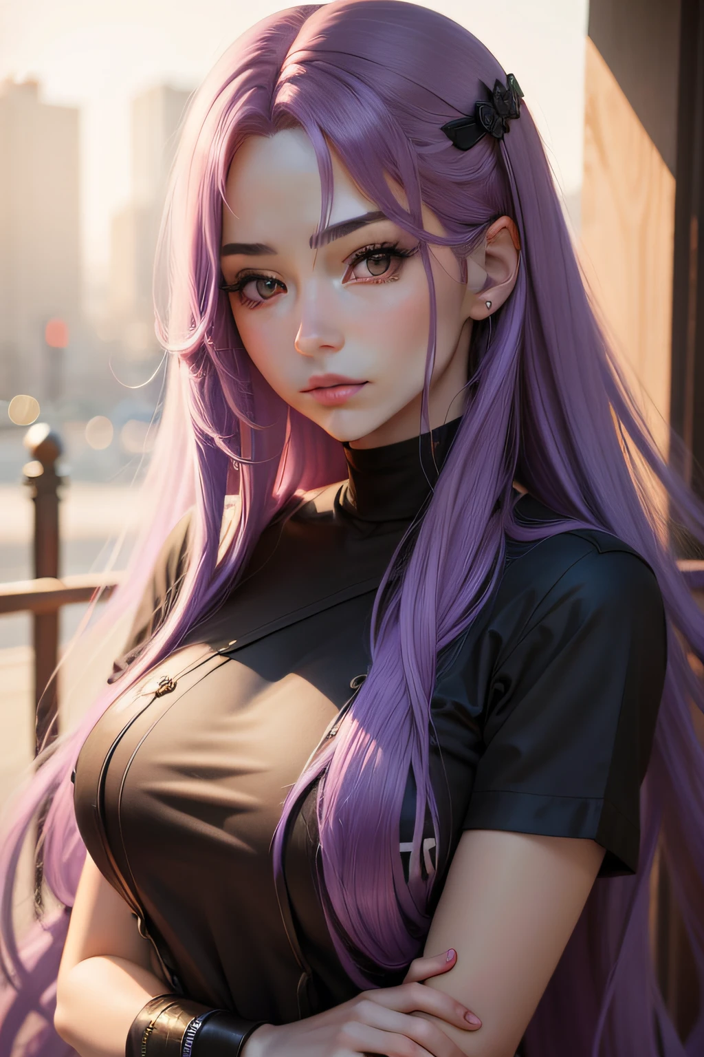 a girl with white and purple ombre hair, wearing high-waisted jeans, detailed portrait, realistic, cinematic lighting, intricate details, colorful, stunning, ethereal, photorealistic, 8k, masterpiece