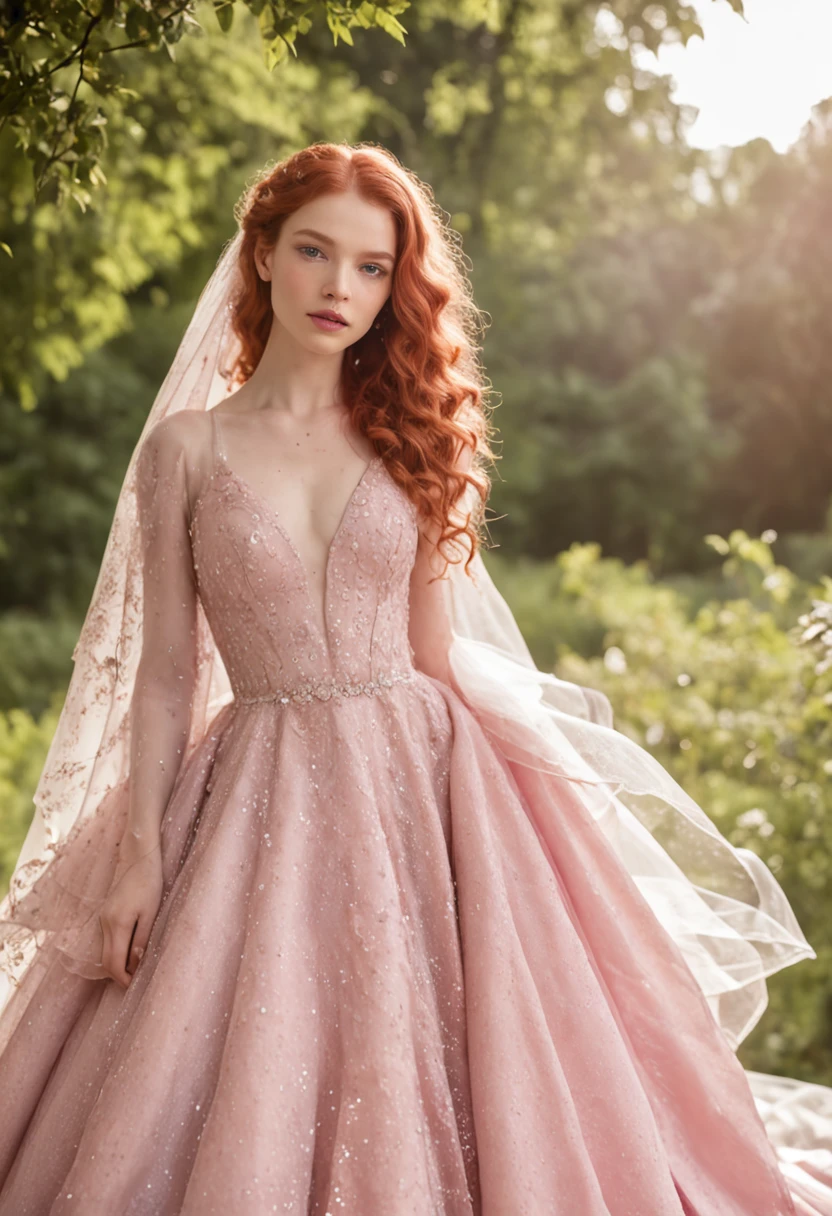 (Full body photograph of 1 curly-haired redhead girl in wedding dress with large, transparent veil and pink dress + suave e delicado + cabelos loiros)+(Vestido longo em cores brilhantes, Luz brilhante, Cabelo loiro longo e liso + Olhos brilhantes e acolhedores)+(pink petals + Brisa suave + with blue sky and white clouds + Bosques verdes e floridos)
